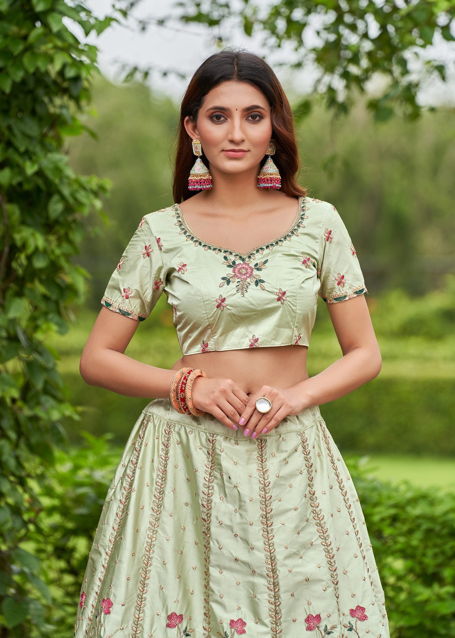 **Elegant Mint Green Floral Embroidered Festive & Party Wear Semi-Stitched Silk Lehenga Choli with Designer Net Dupatta Work**