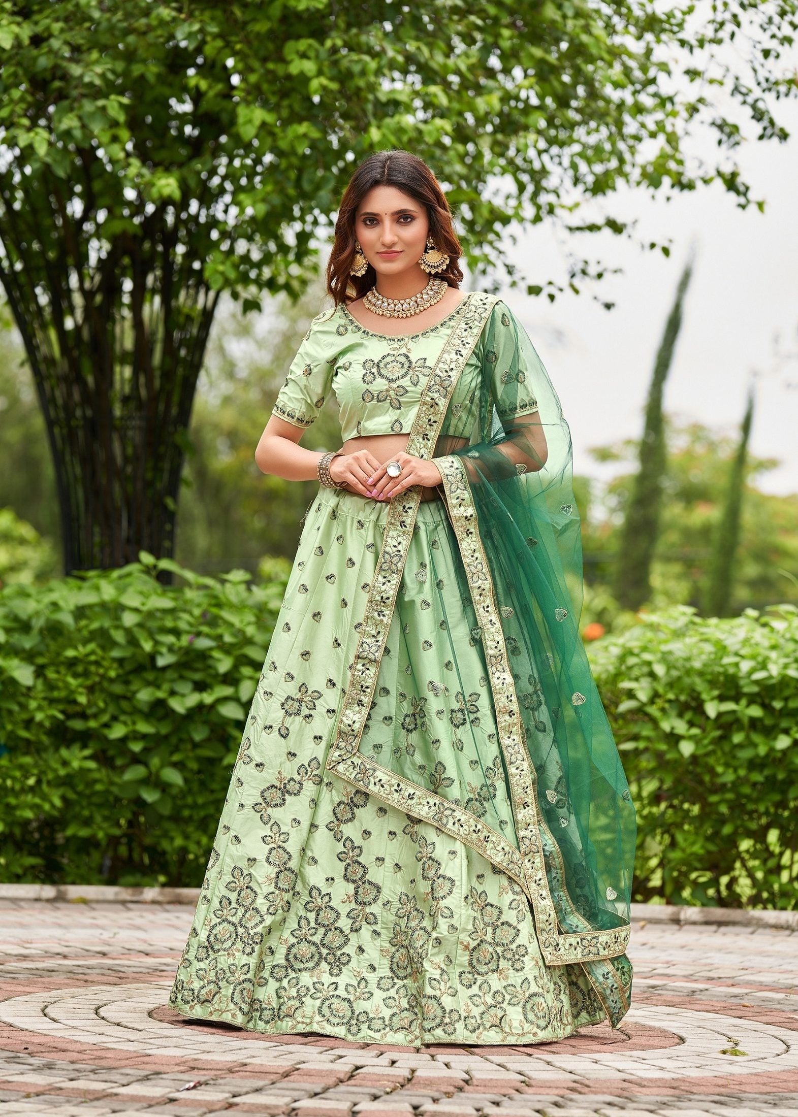 Graceful Pastel Green Floral Embroidered Festive & Wedding Wear Semi-Stitched satin Lehenga Choli with Heavy Contrast Dupatta Work