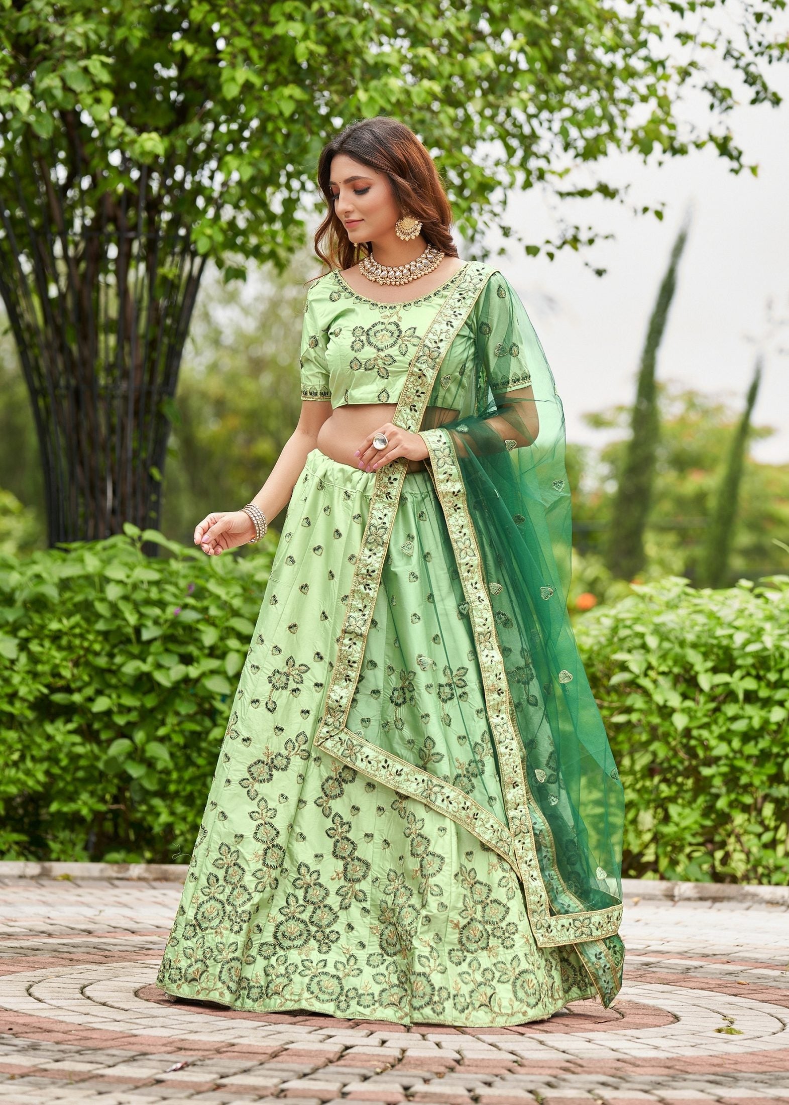 Graceful Pastel Green Floral Embroidered Festive & Wedding Wear Semi-Stitched satin Lehenga Choli with Heavy Contrast Dupatta Work