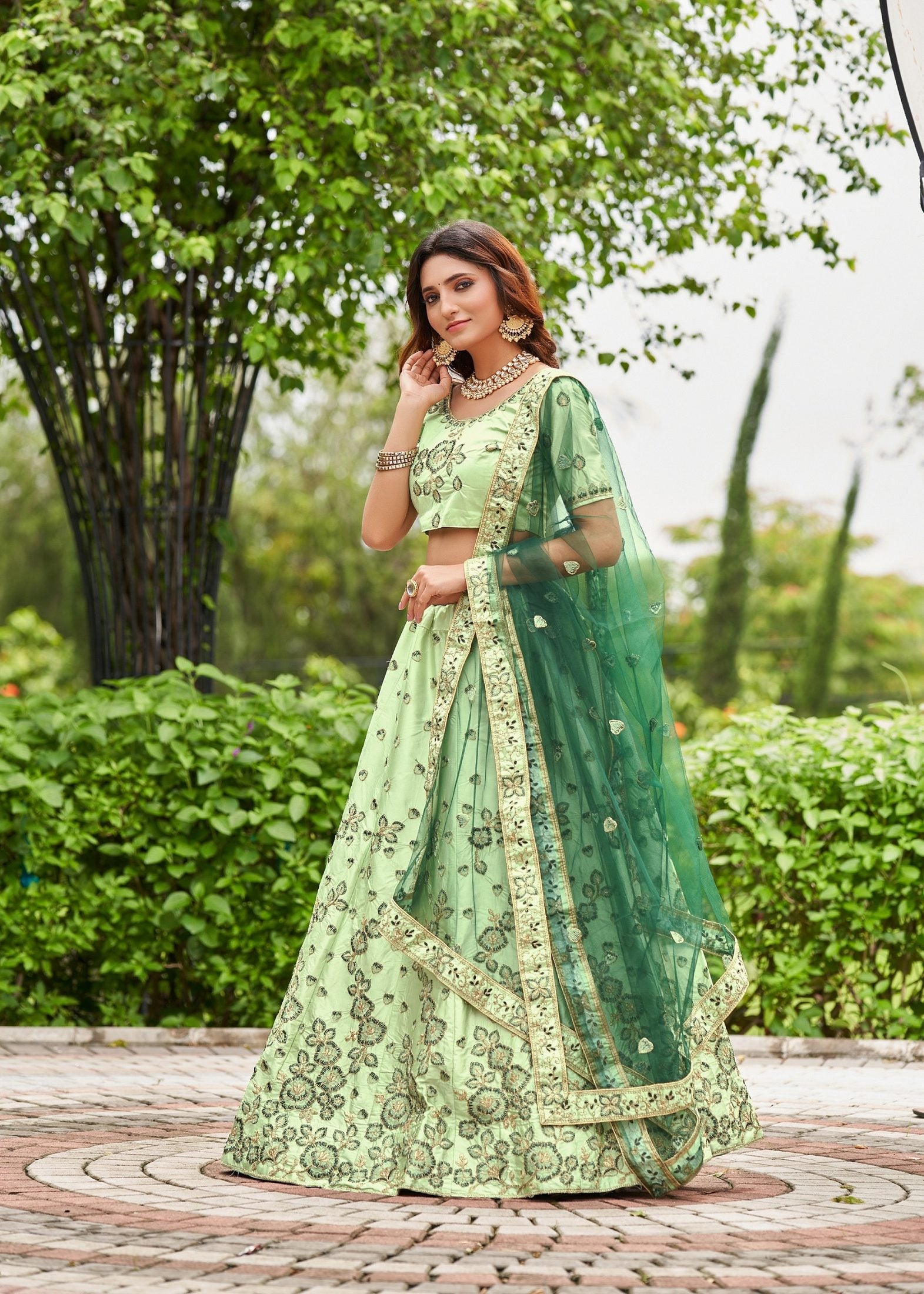 Graceful Pastel Green Floral Embroidered Festive & Wedding Wear Semi-Stitched satin Lehenga Choli with Heavy Contrast Dupatta Work