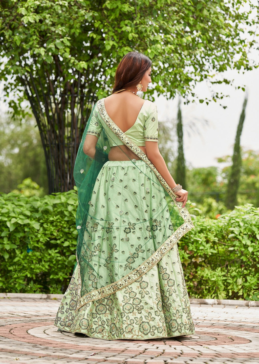 Graceful Pastel Green Floral Embroidered Festive & Wedding Wear Semi-Stitched satin Lehenga Choli with Heavy Contrast Dupatta Work