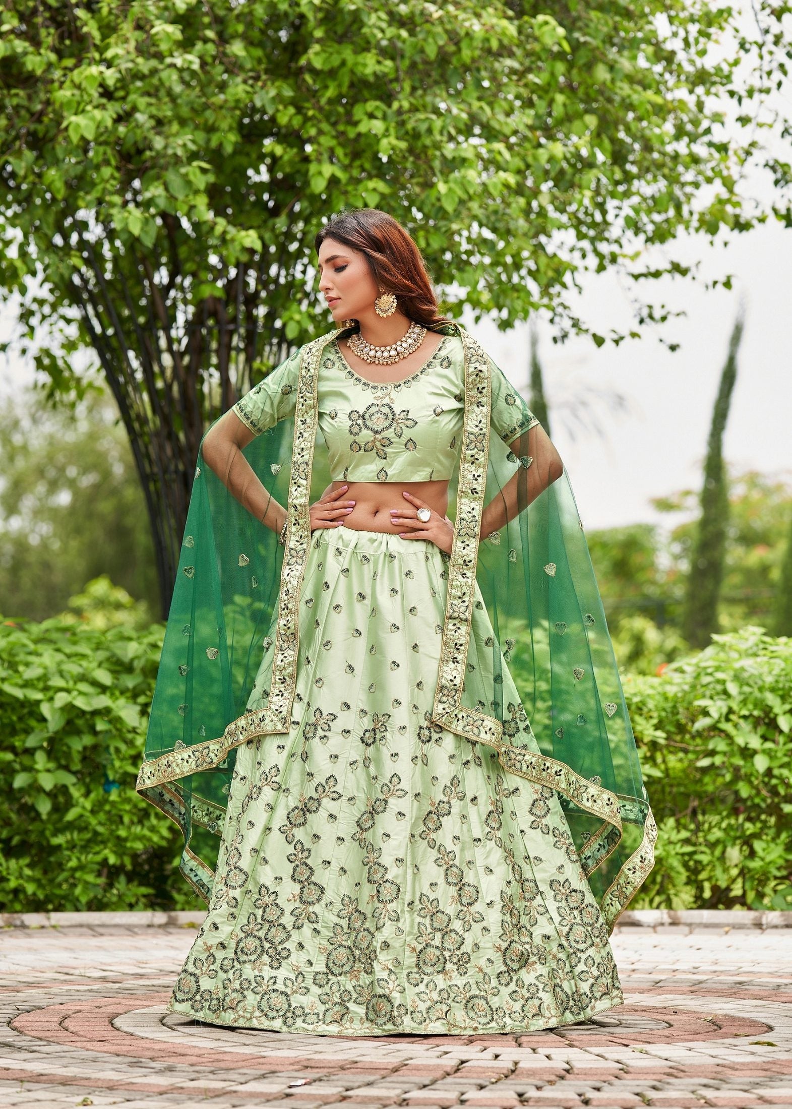 Graceful Pastel Green Floral Embroidered Festive & Wedding Wear Semi-Stitched satin Lehenga Choli with Heavy Contrast Dupatta Work
