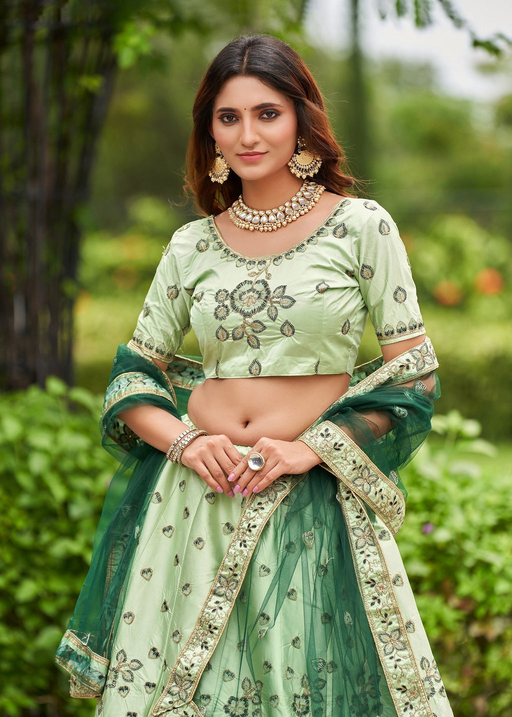 Graceful Pastel Green Floral Embroidered Festive & Wedding Wear Semi-Stitched satin Lehenga Choli with Heavy Contrast Dupatta Work