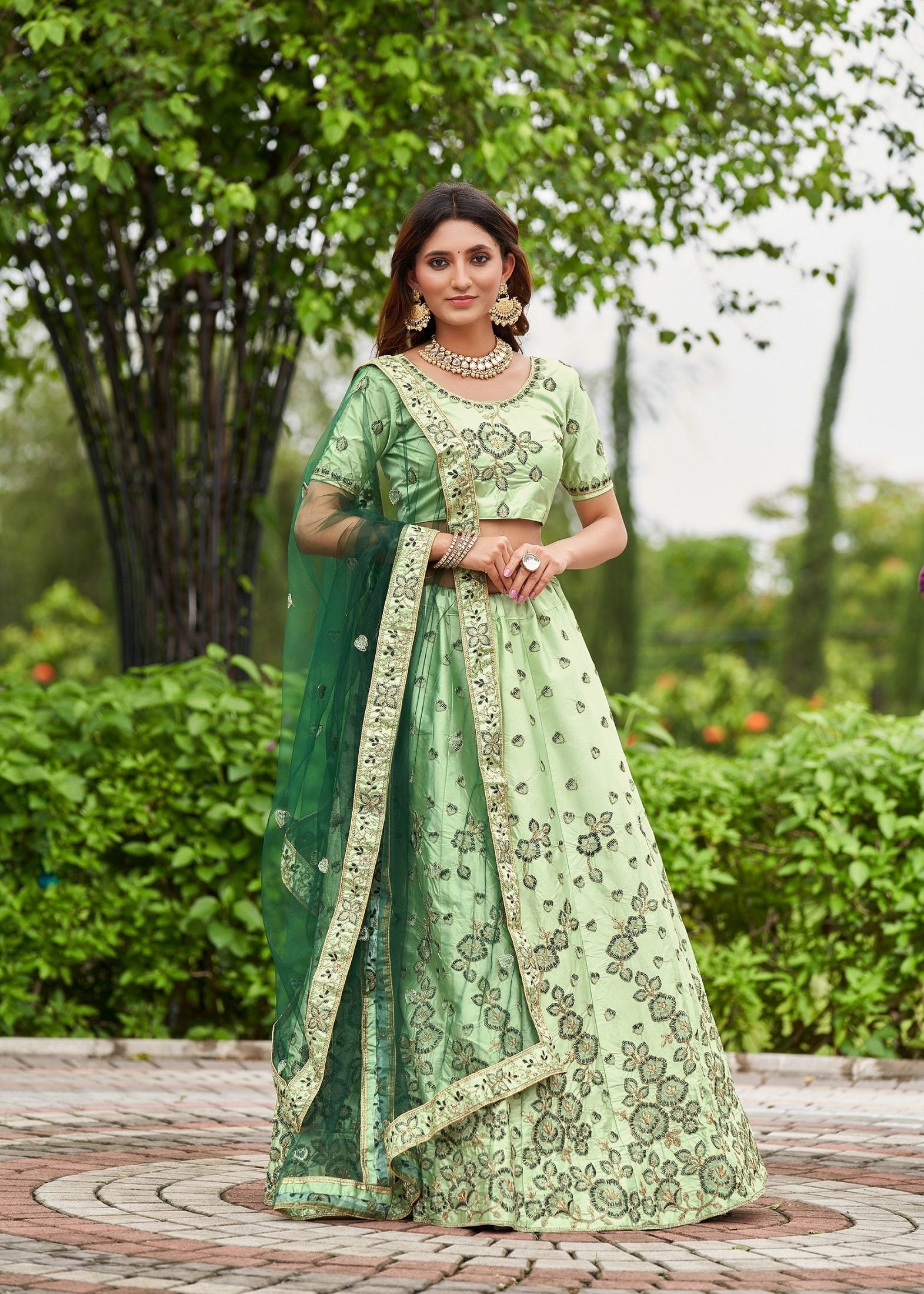 Graceful Pastel Green Floral Embroidered Festive & Wedding Wear Semi-Stitched satin Lehenga Choli with Heavy Contrast Dupatta Work