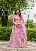 Elegant Pink Floral Embroidered Festive & Wedding Wear Semi-Stitched satin Lehenga Choli with Heavy Dupatta Work