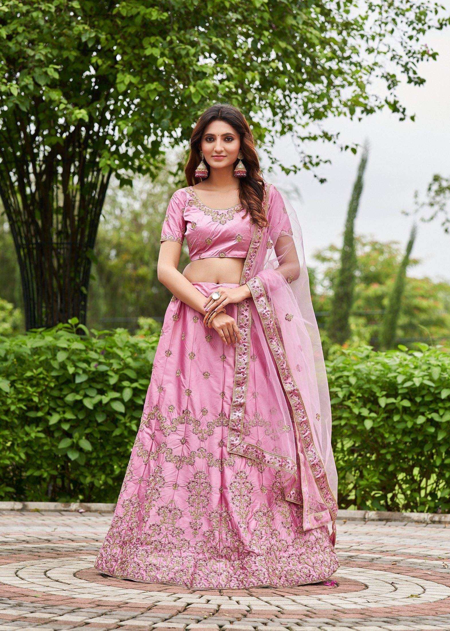 Elegant Pink Floral Embroidered Festive & Wedding Wear Semi-Stitched satin Lehenga Choli with Heavy Dupatta Work