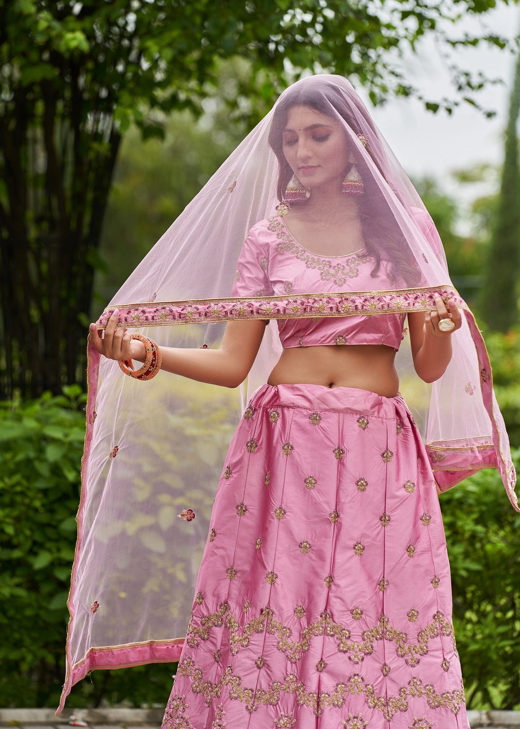 Elegant Pink Floral Embroidered Festive & Wedding Wear Semi-Stitched satin Lehenga Choli with Heavy Dupatta Work
