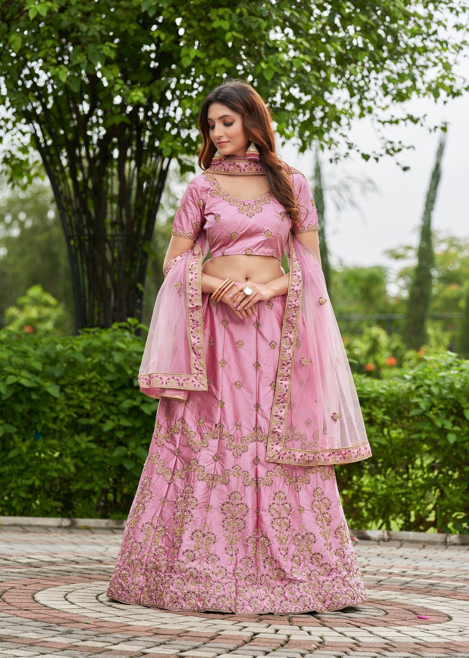Elegant Pink Floral Embroidered Festive & Wedding Wear Semi-Stitched satin Lehenga Choli with Heavy Dupatta Work