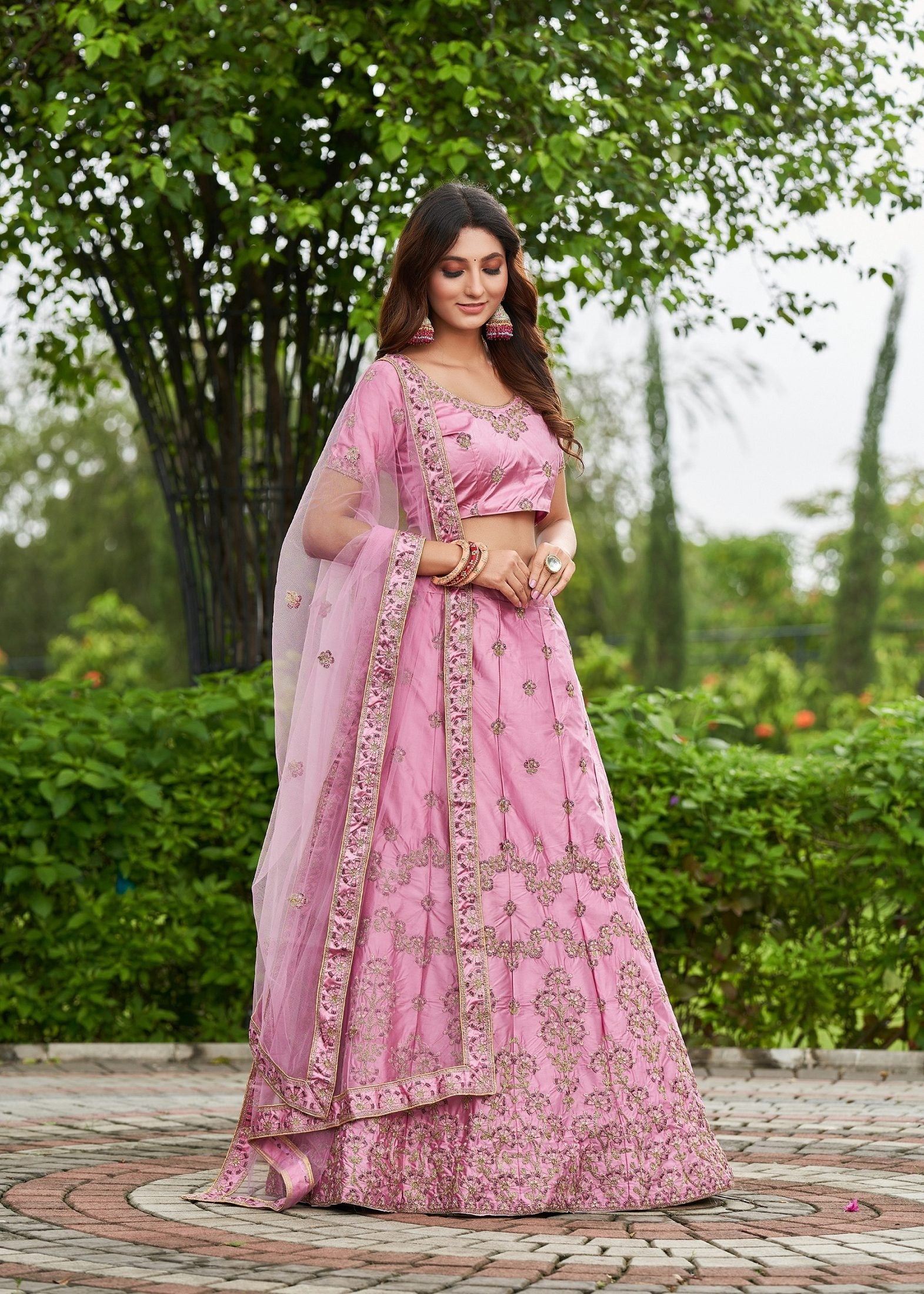 Elegant Pink Floral Embroidered Festive & Wedding Wear Semi-Stitched satin Lehenga Choli with Heavy Dupatta Work