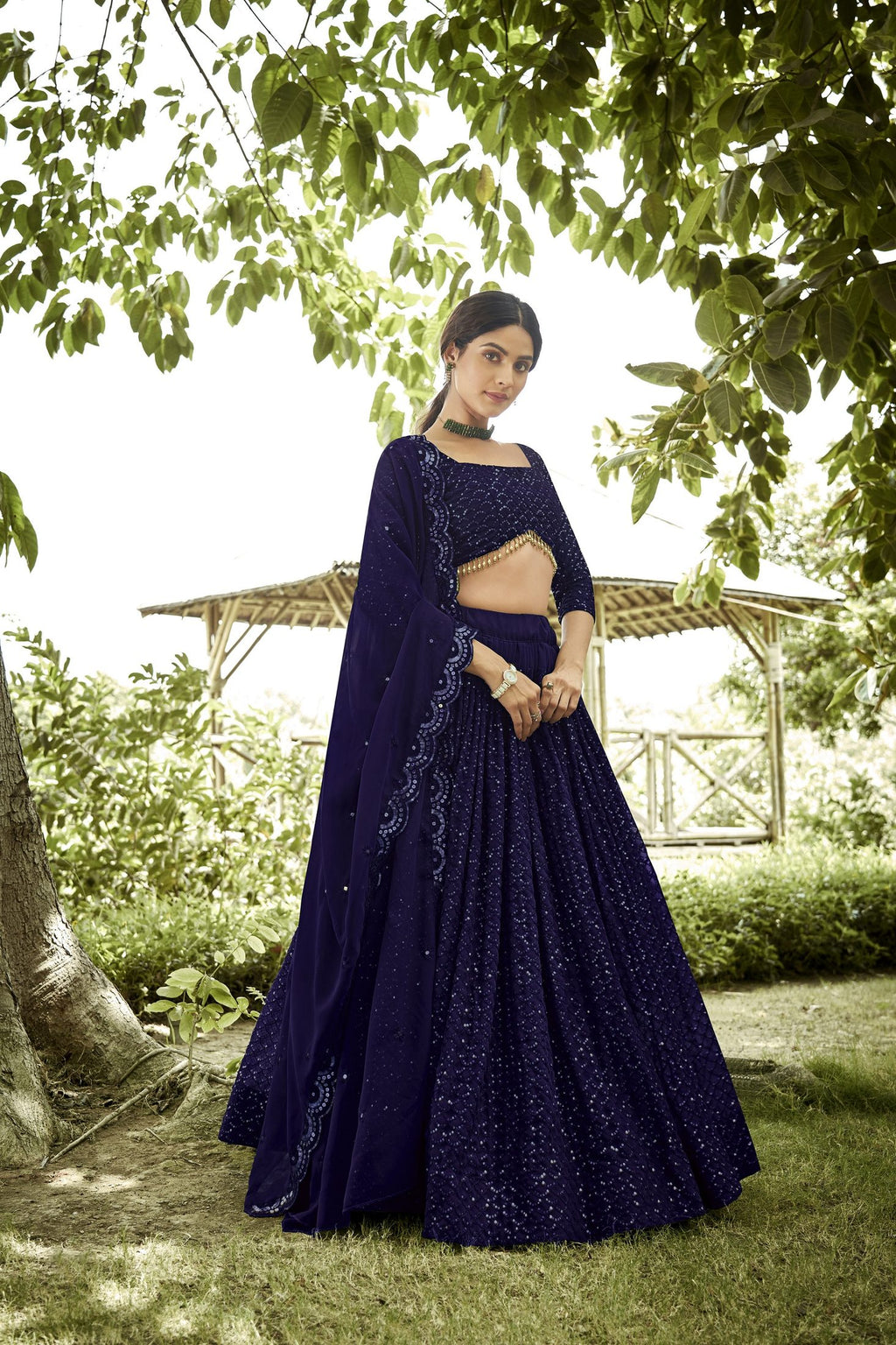 Bottle Blue Sequin Embroidered Semi-Stitched Wedding & Festive Wear Georgette Lehenga Choli with Border Work