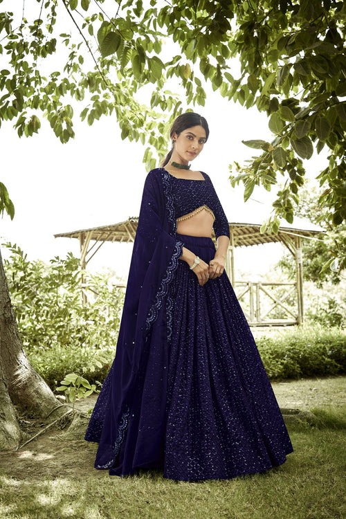 Bottle Blue Sequin Embroidered Semi-Stitched Wedding & Festive Wear Georgette Lehenga Choli with Border Work
