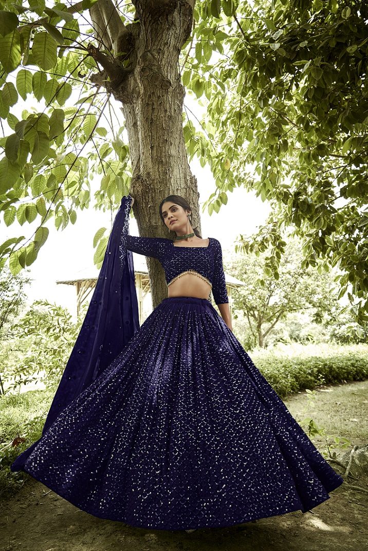 Bottle Blue Sequin Embroidered Semi-Stitched Wedding & Festive Wear Georgette Lehenga Choli with Border Work