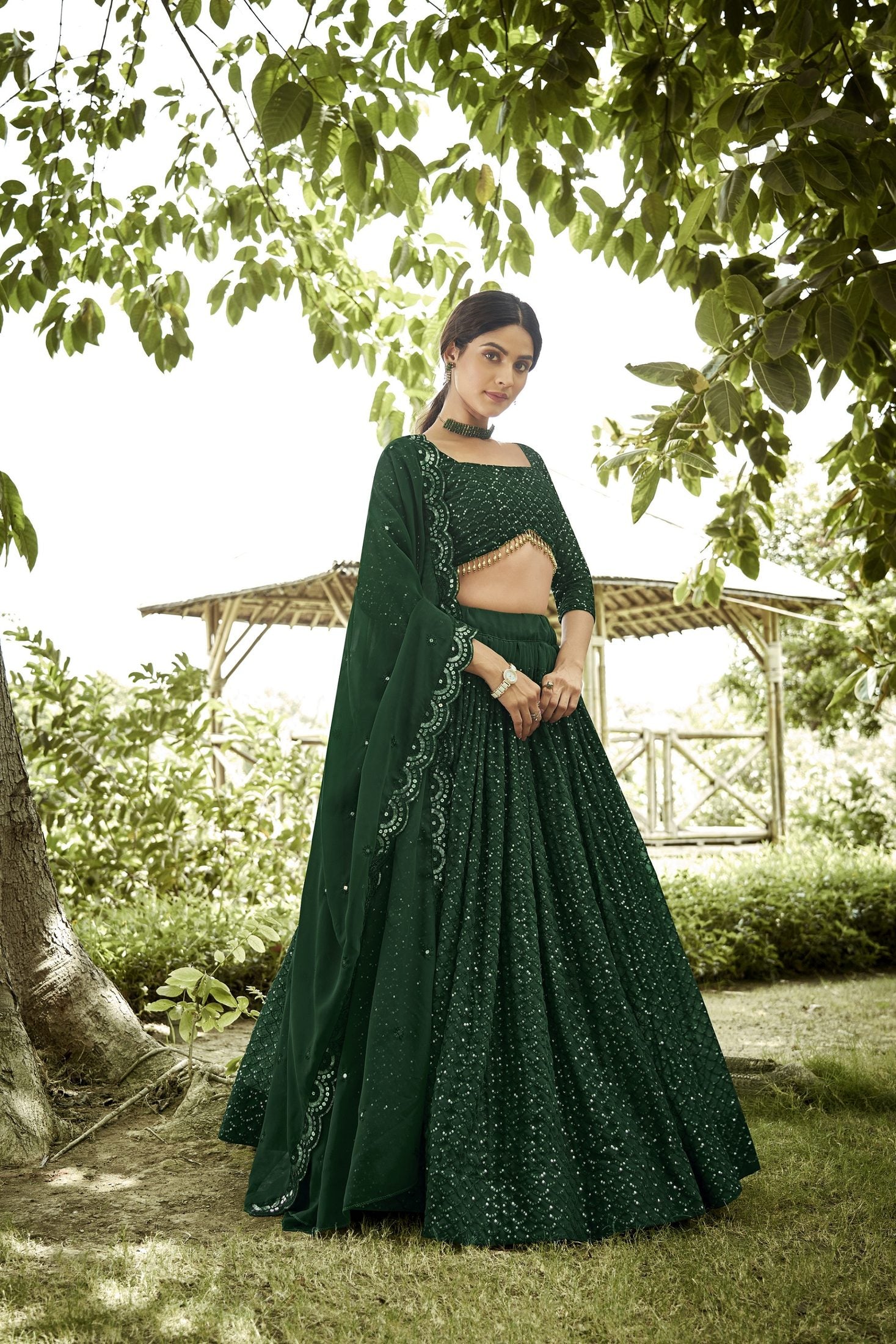 Bottle Green Sequin Embroidered Semi-Stitched Wedding & Festive Wear Georgette Lehenga Choli with Border Work