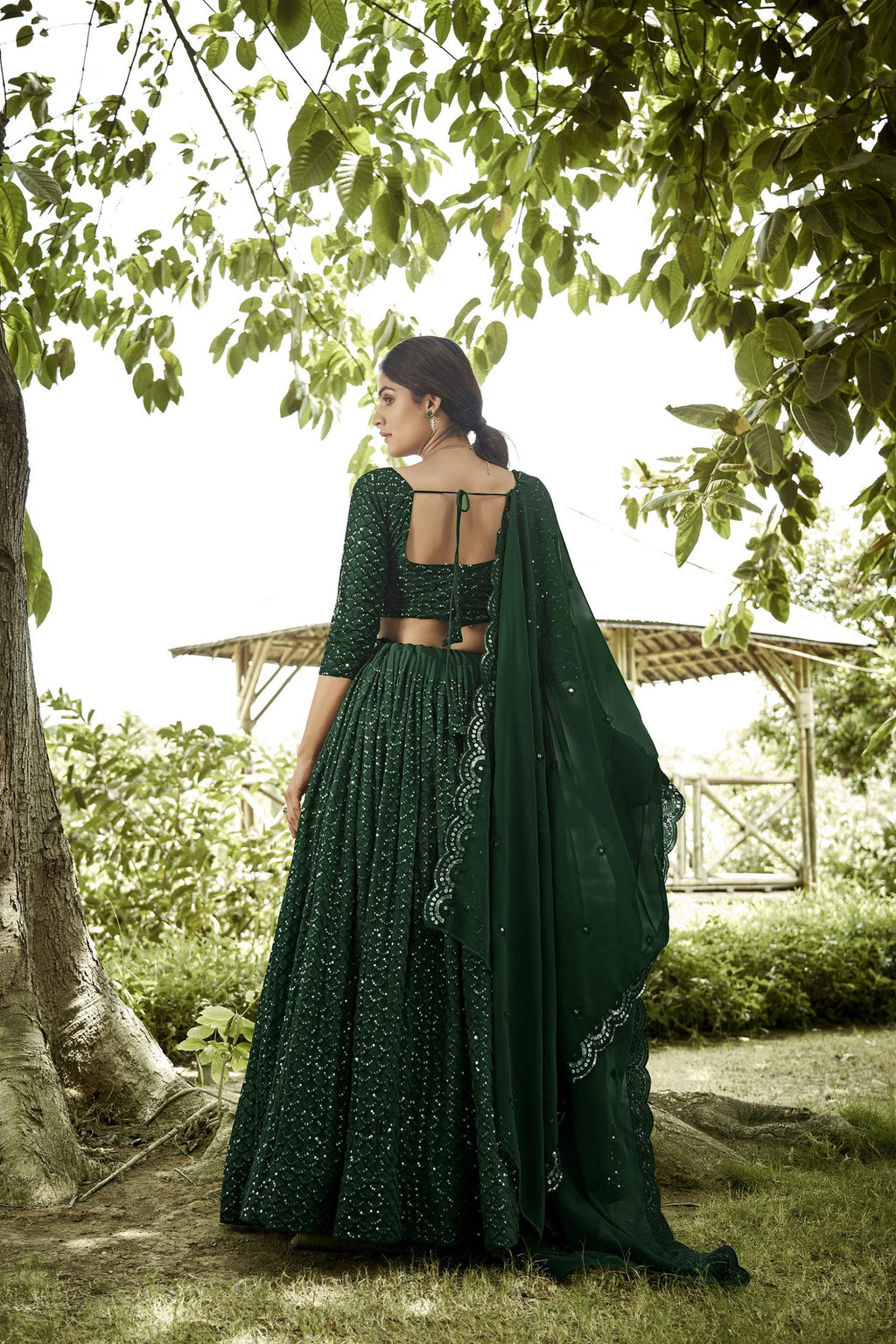 Bottle Green Sequin Embroidered Semi-Stitched Wedding & Festive Wear Georgette Lehenga Choli with Border Work