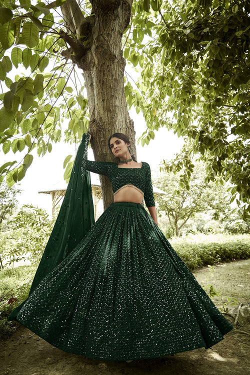 Bottle Green Sequin Embroidered Semi-Stitched Wedding & Festive Wear Georgette Lehenga Choli with Border Work