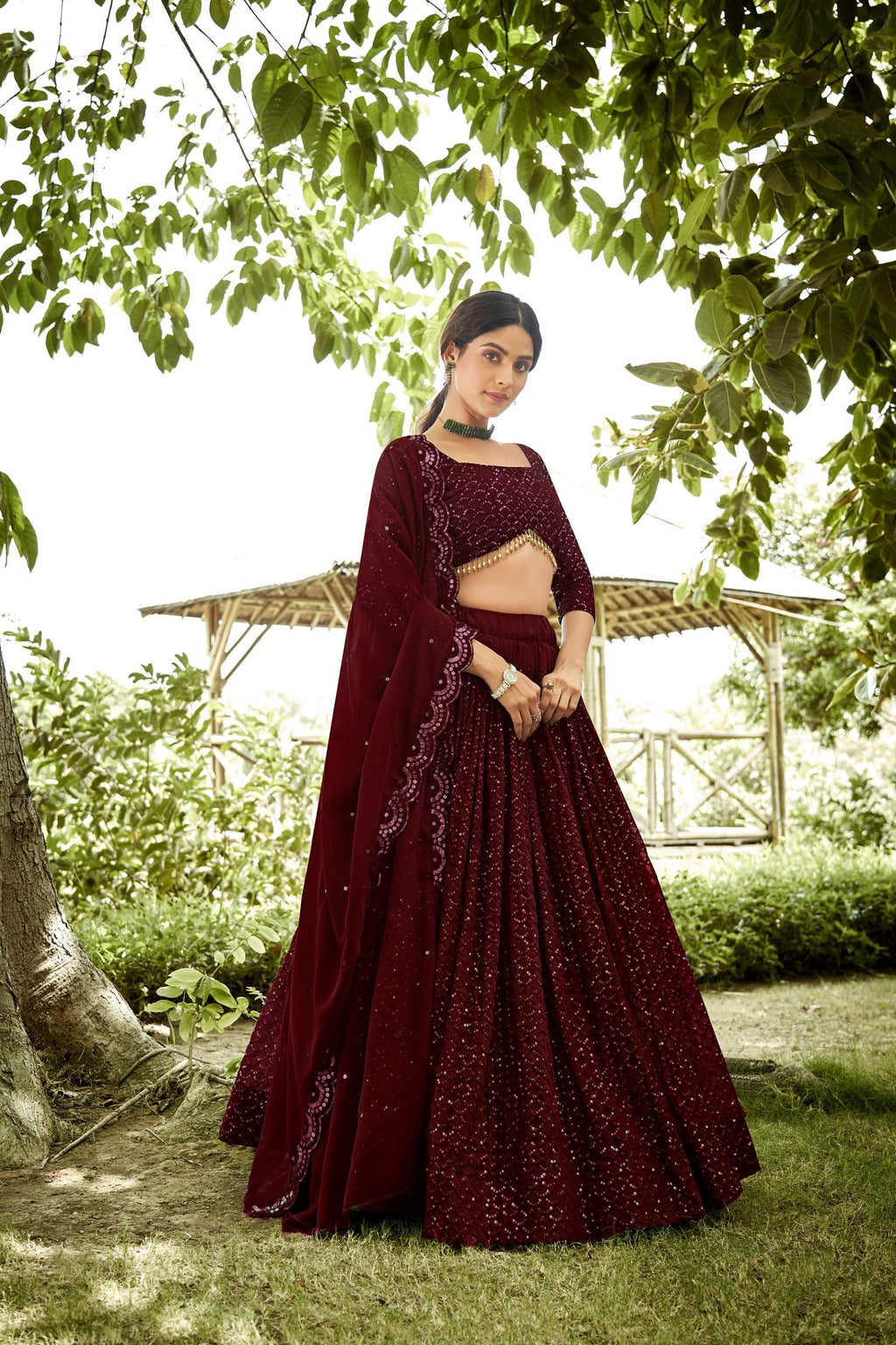 Maroon Sequin Embroidered Semi-Stitched Wedding & Festive Wear Georgette Lehenga Choli with Border Work