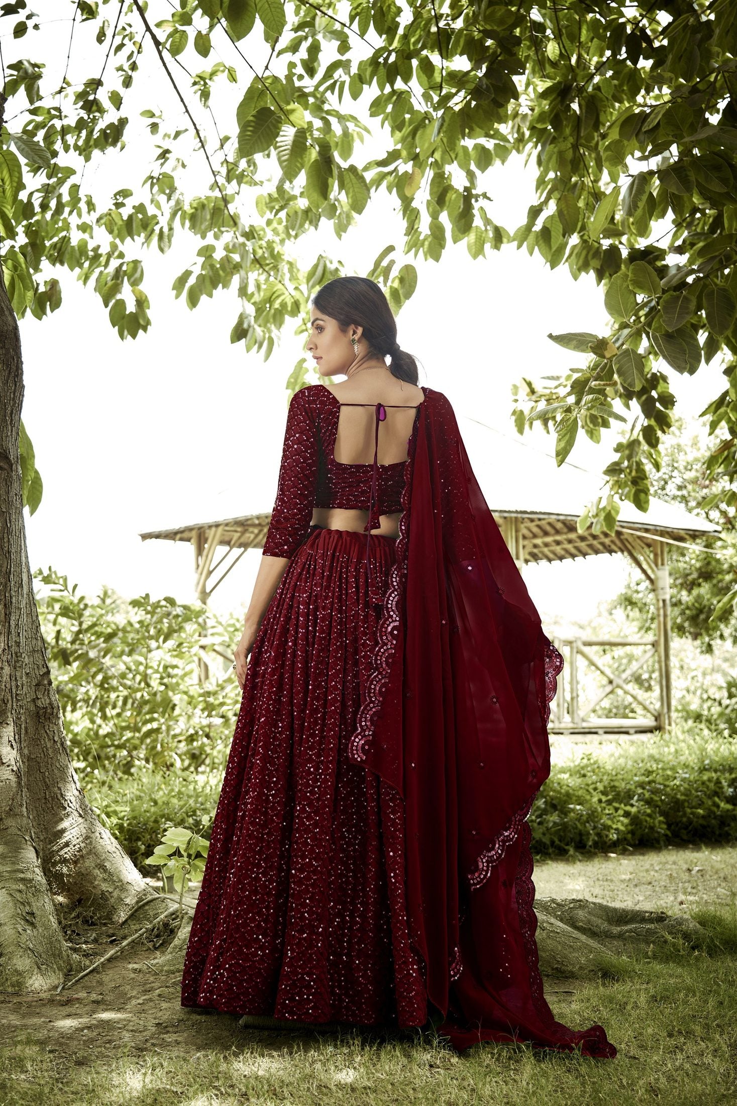 Maroon Sequin Embroidered Semi-Stitched Wedding & Festive Wear Georgette Lehenga Choli with Border Work