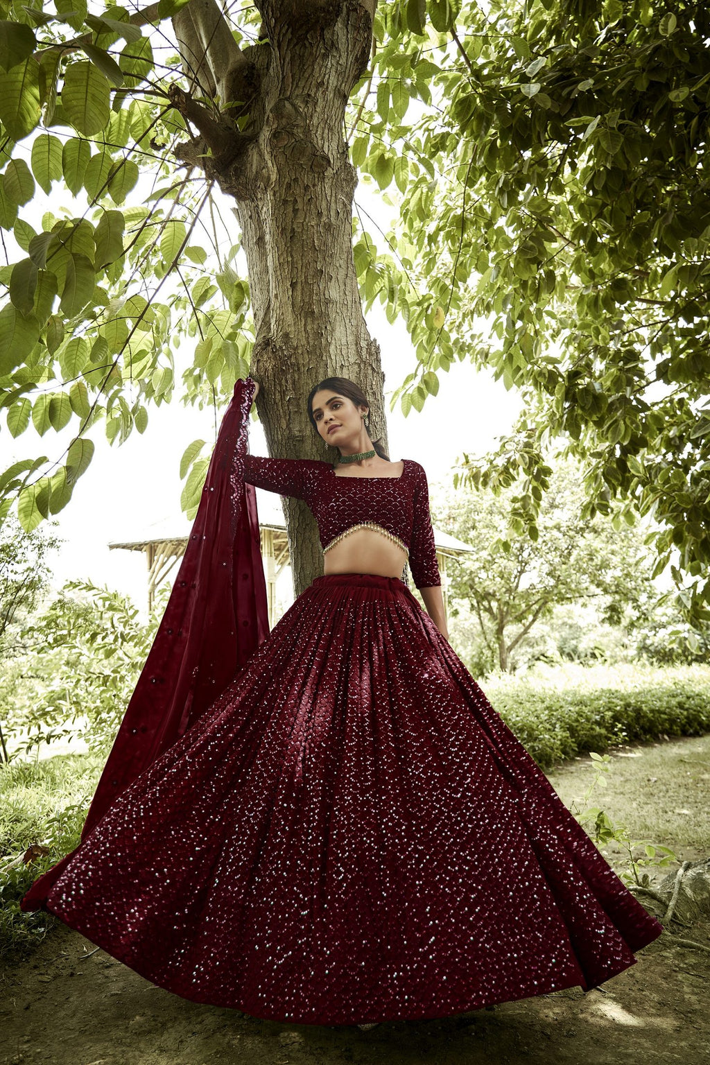Maroon Sequin Embroidered Semi-Stitched Wedding & Festive Wear Georgette Lehenga Choli with Border Work