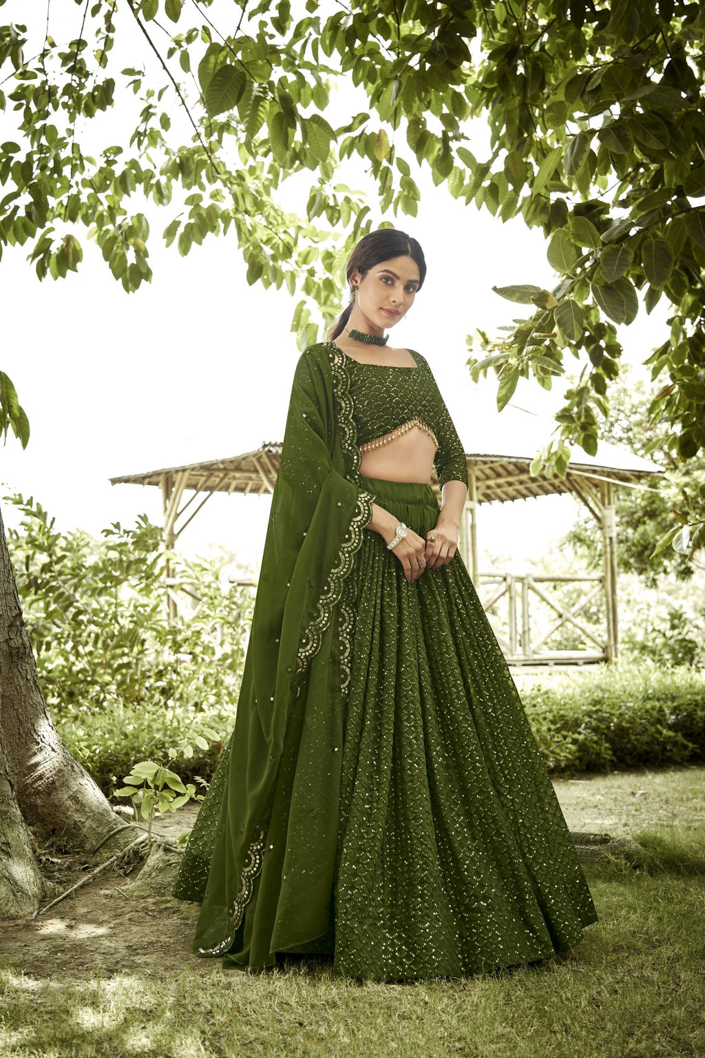 Bottle Mehendi Sequin Embroidered Semi-Stitched Wedding & Festive Wear Georgette Lehenga Choli with Border Work