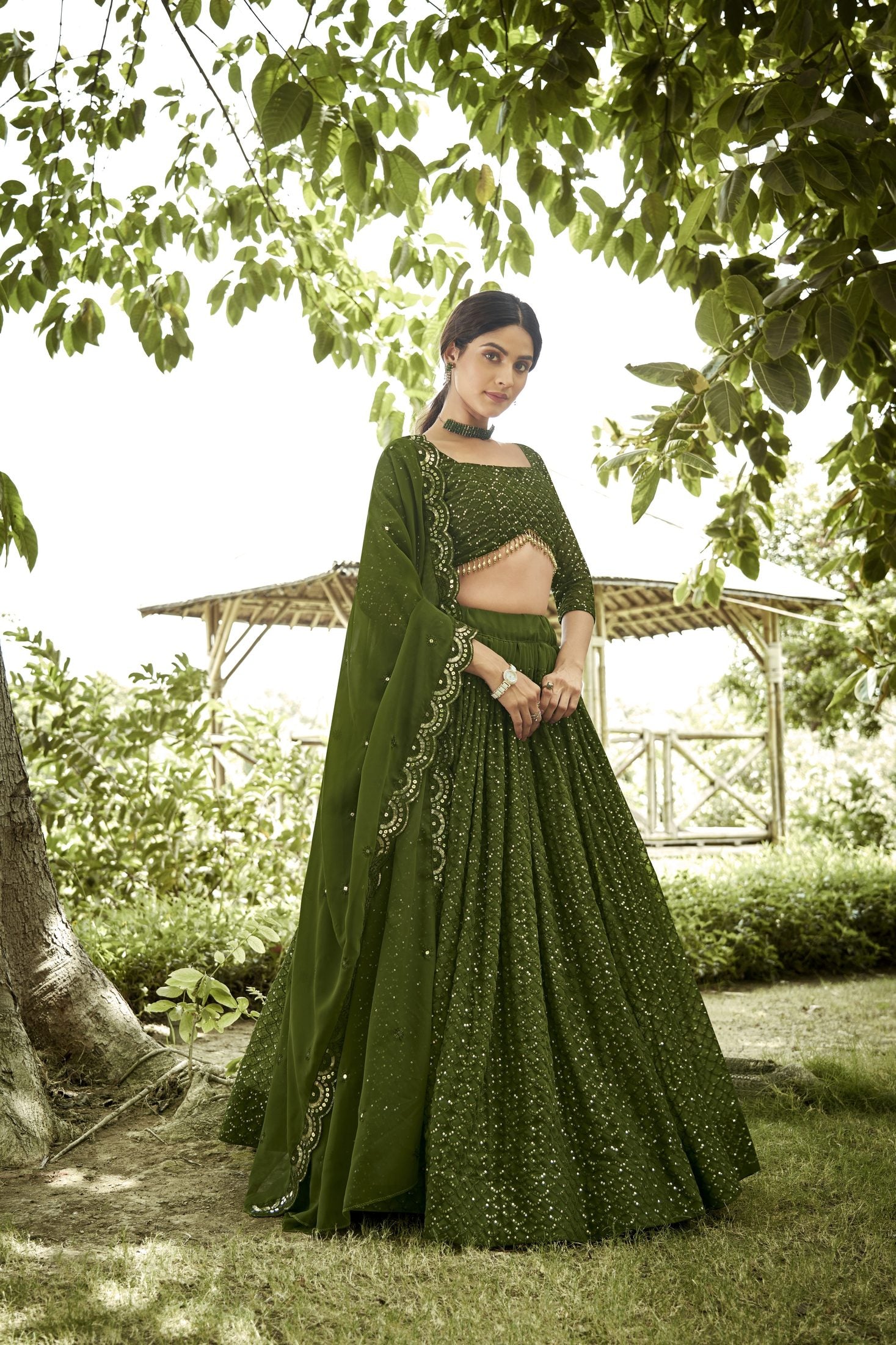 Bottle Mehendi Sequin Embroidered Semi-Stitched Wedding & Festive Wear Georgette Lehenga Choli with Border Work
