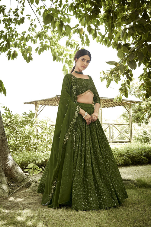 Bottle Mehendi Sequin Embroidered Semi-Stitched Wedding & Festive Wear Georgette Lehenga Choli with Border Work