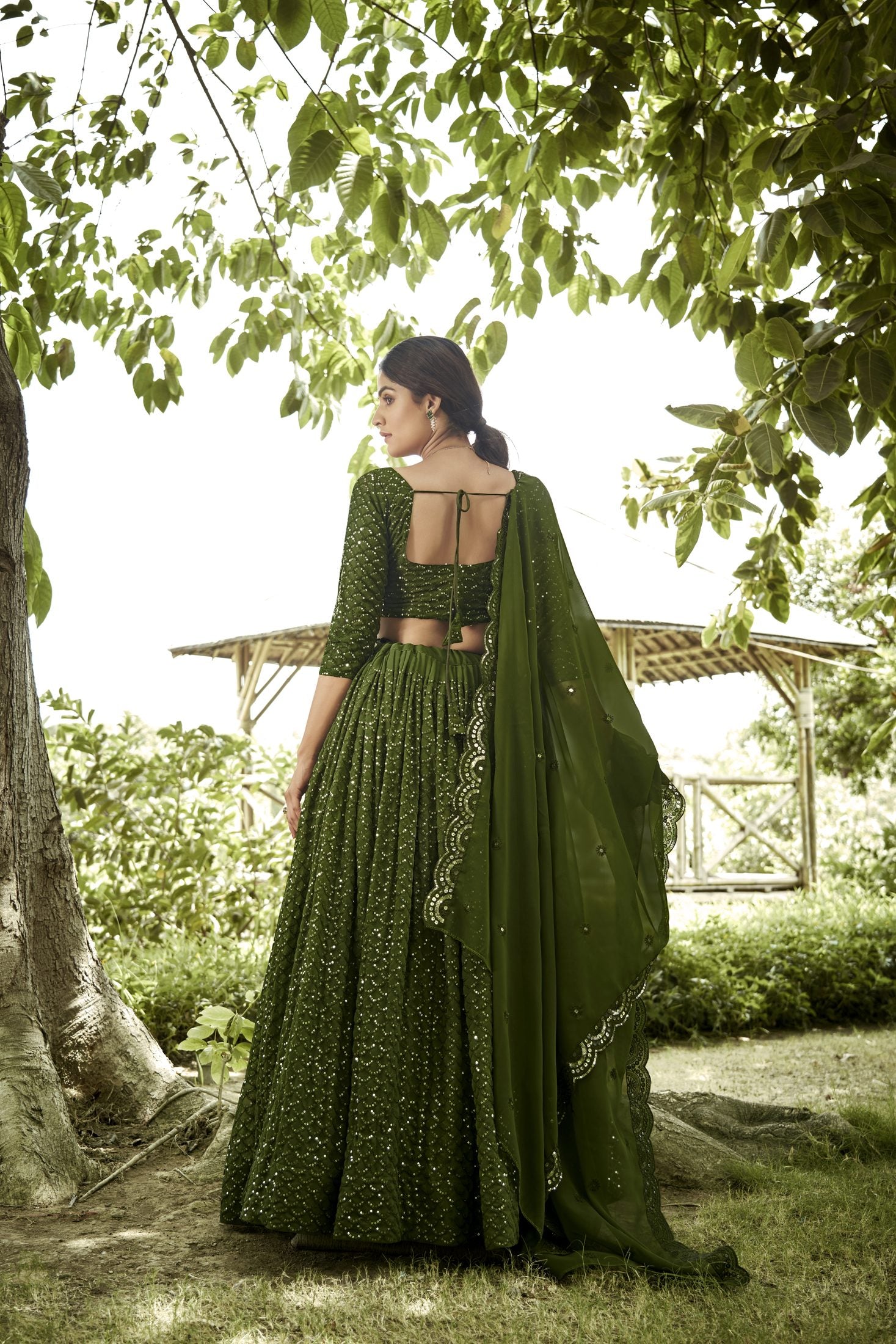 Bottle Mehendi Sequin Embroidered Semi-Stitched Wedding & Festive Wear Georgette Lehenga Choli with Border Work