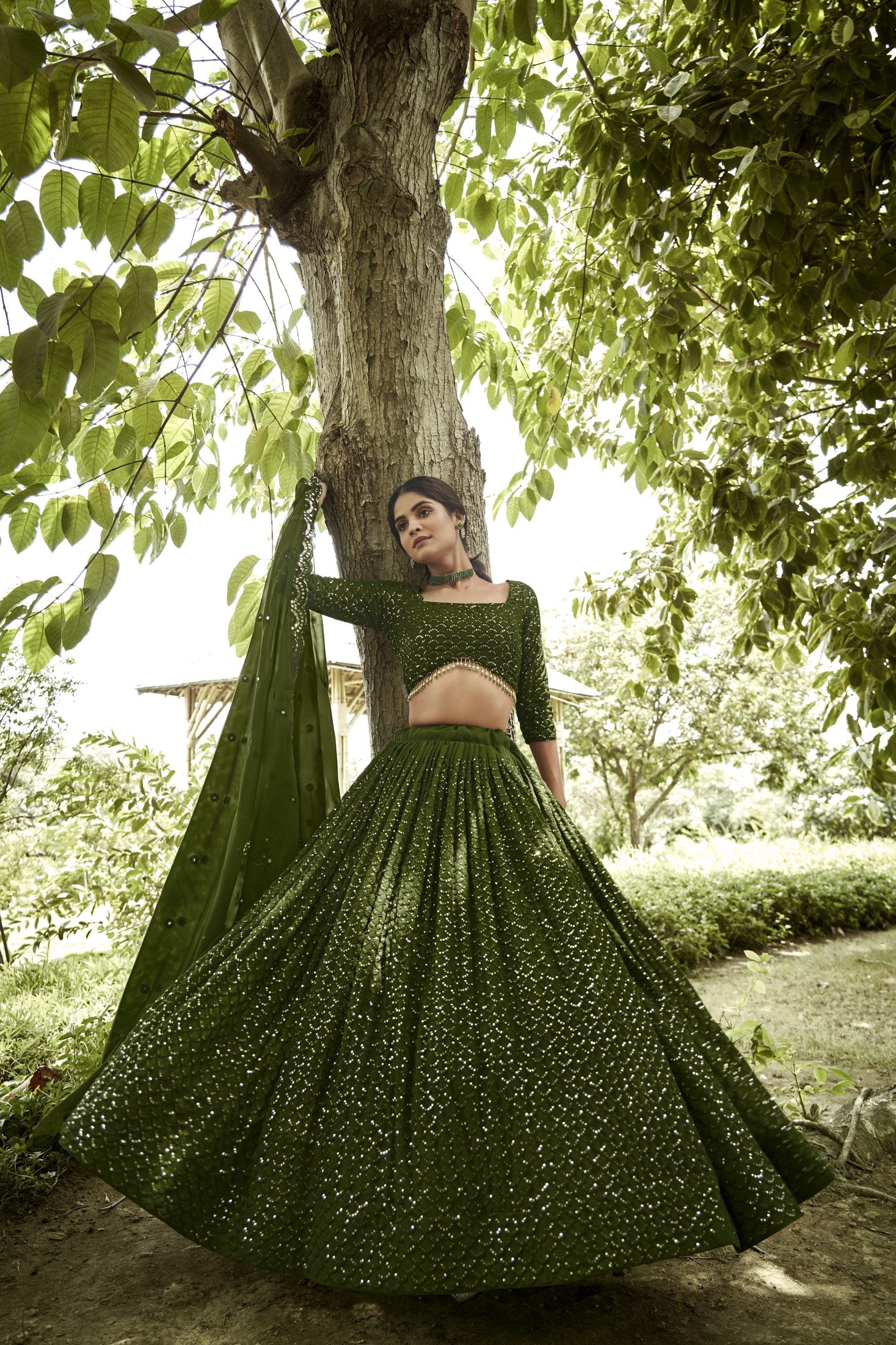 Bottle Mehendi Sequin Embroidered Semi-Stitched Wedding & Festive Wear Georgette Lehenga Choli with Border Work