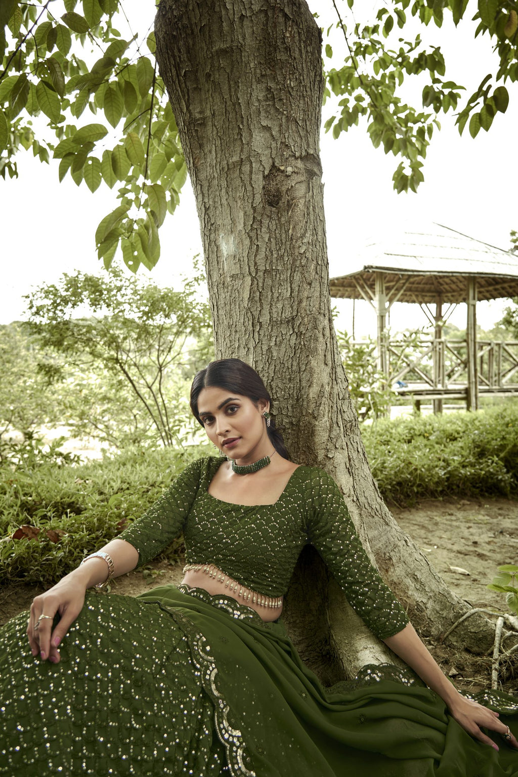 Bottle Mehendi Sequin Embroidered Semi-Stitched Wedding & Festive Wear Georgette Lehenga Choli with Border Work