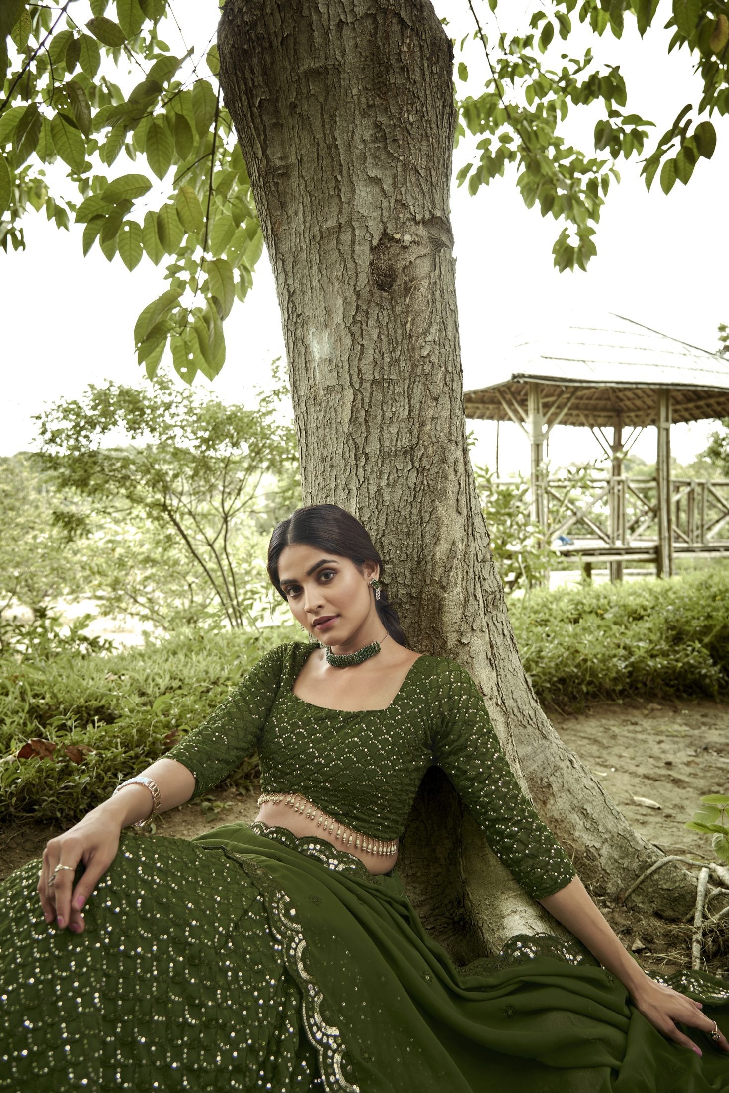 Bottle Mehendi Sequin Embroidered Semi-Stitched Wedding & Festive Wear Georgette Lehenga Choli with Border Work