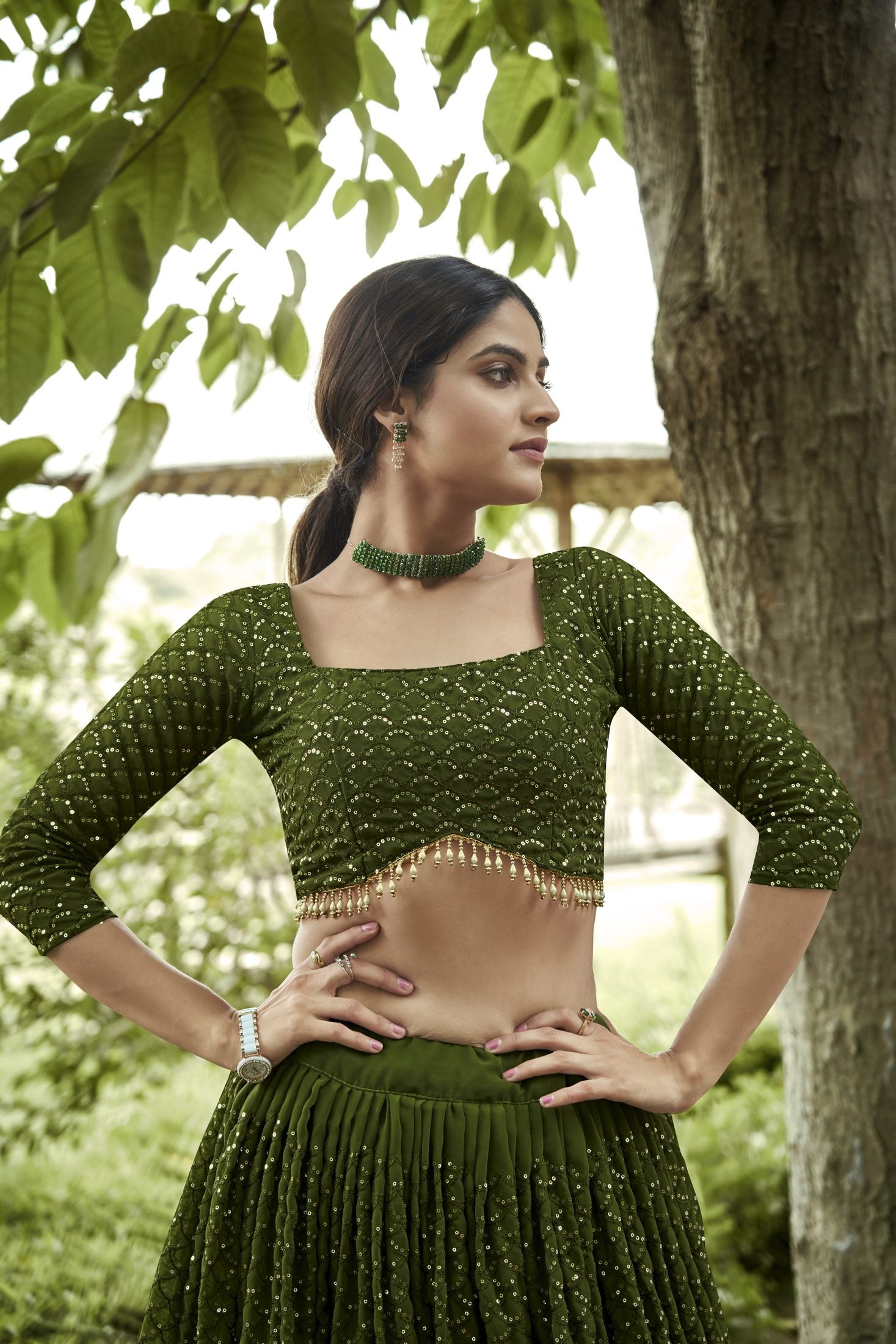Bottle Mehendi Sequin Embroidered Semi-Stitched Wedding & Festive Wear Georgette Lehenga Choli with Border Work