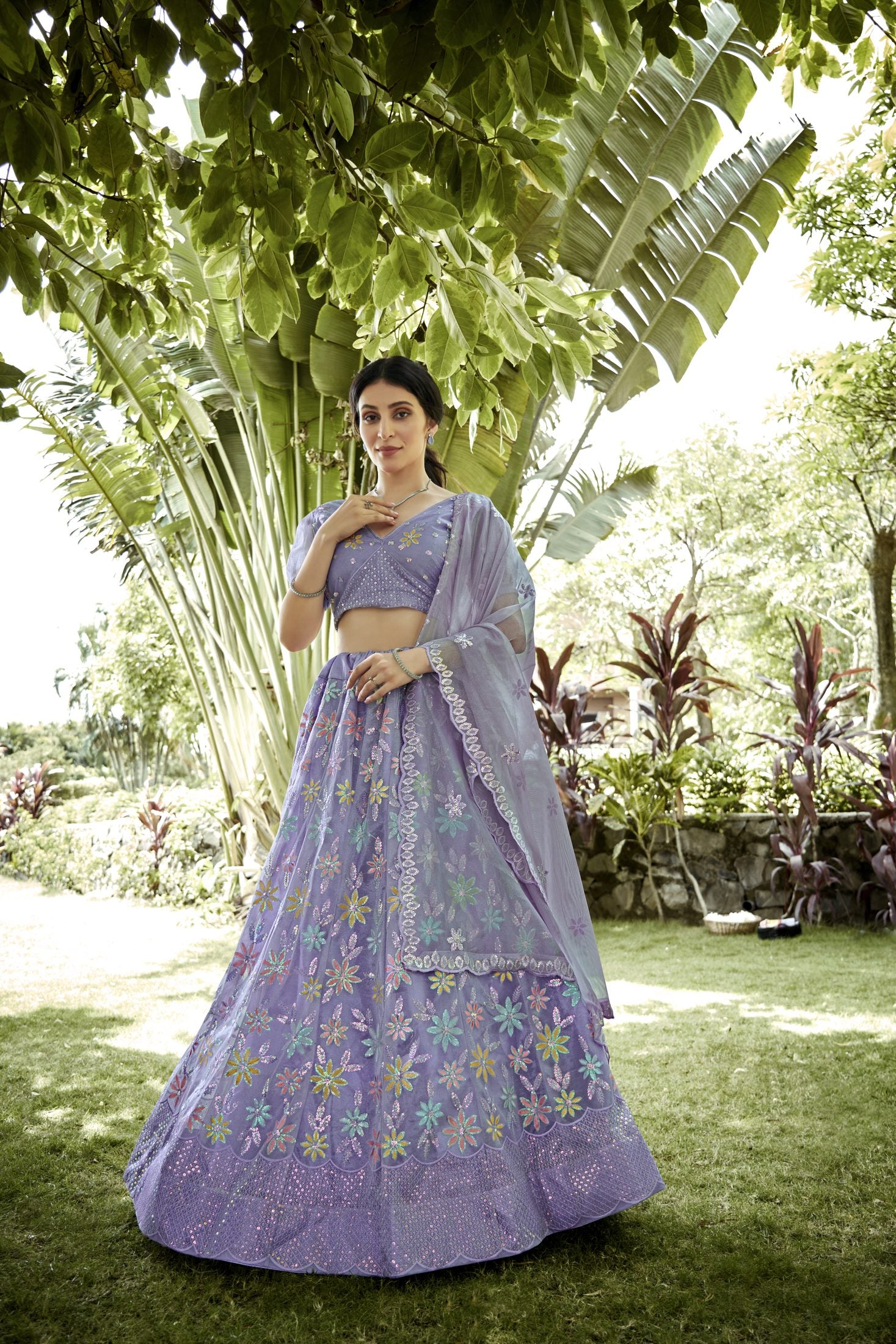 Graceful Lavender Floral Embroidered Festive & Wedding Wear Semi-Stitched Net Lehenga Choli with Designer Dupatta Work