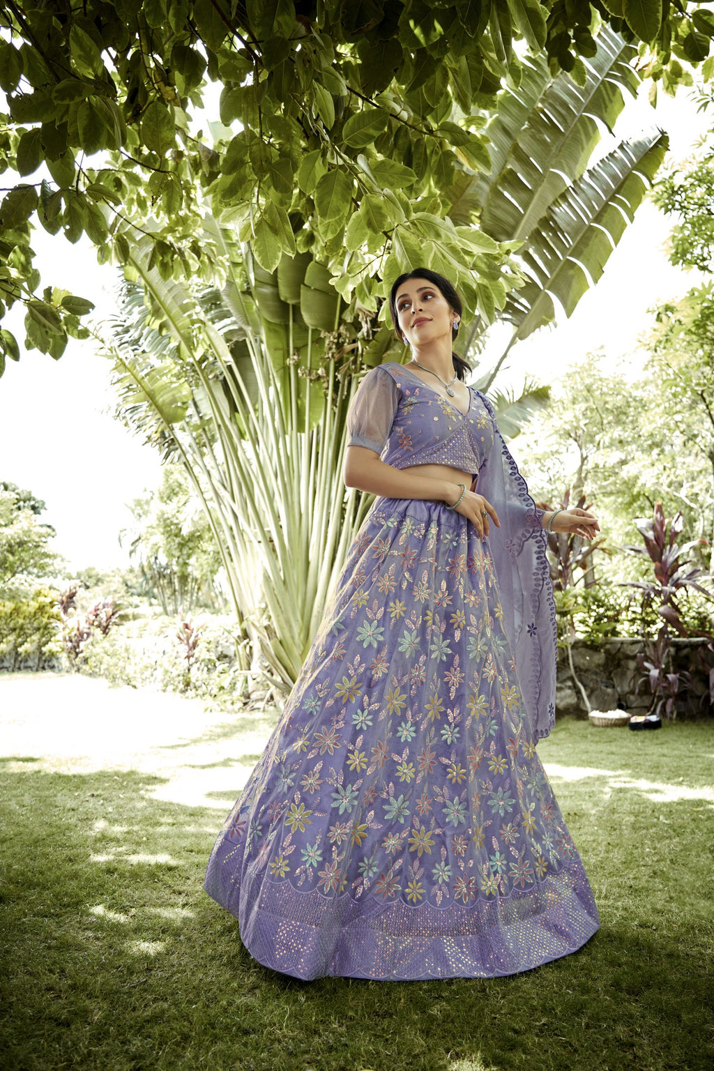 Graceful Lavender Floral Embroidered Festive & Wedding Wear Semi-Stitched Net Lehenga Choli with Designer Dupatta Work