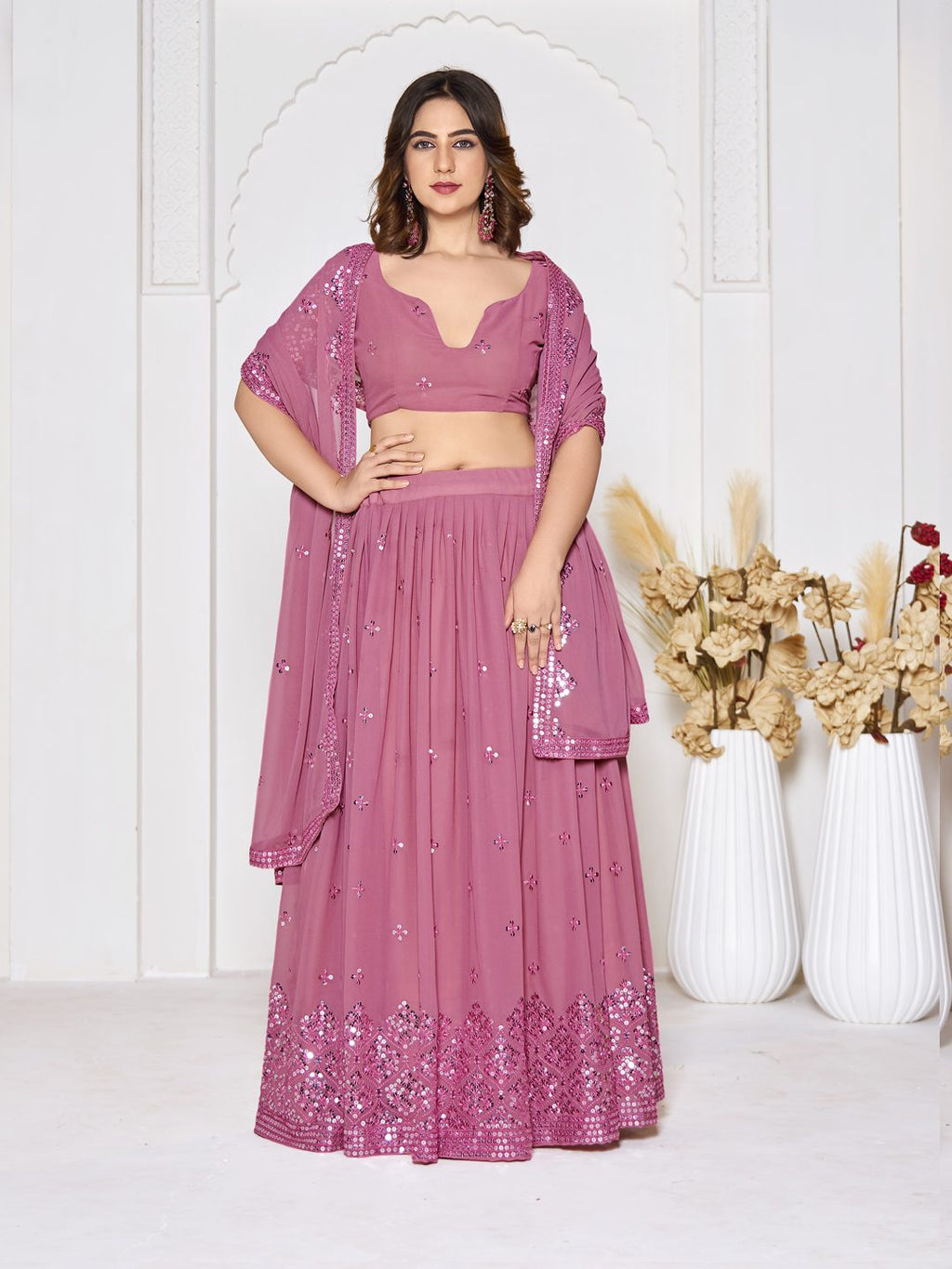 Blush Pink Sequin Embroidered Festive & Party Wear Semi-Stitched Georgette Lehenga Choli with Designer Dupatta Work
