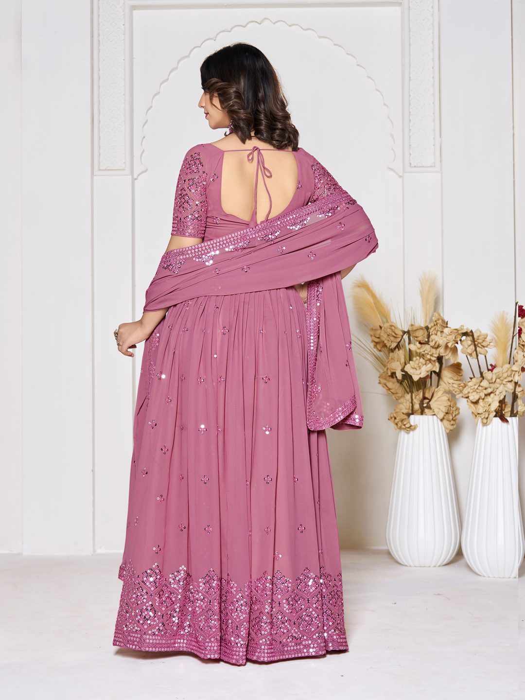 Blush Pink Sequin Embroidered Festive & Party Wear Semi-Stitched Georgette Lehenga Choli with Designer Dupatta Work