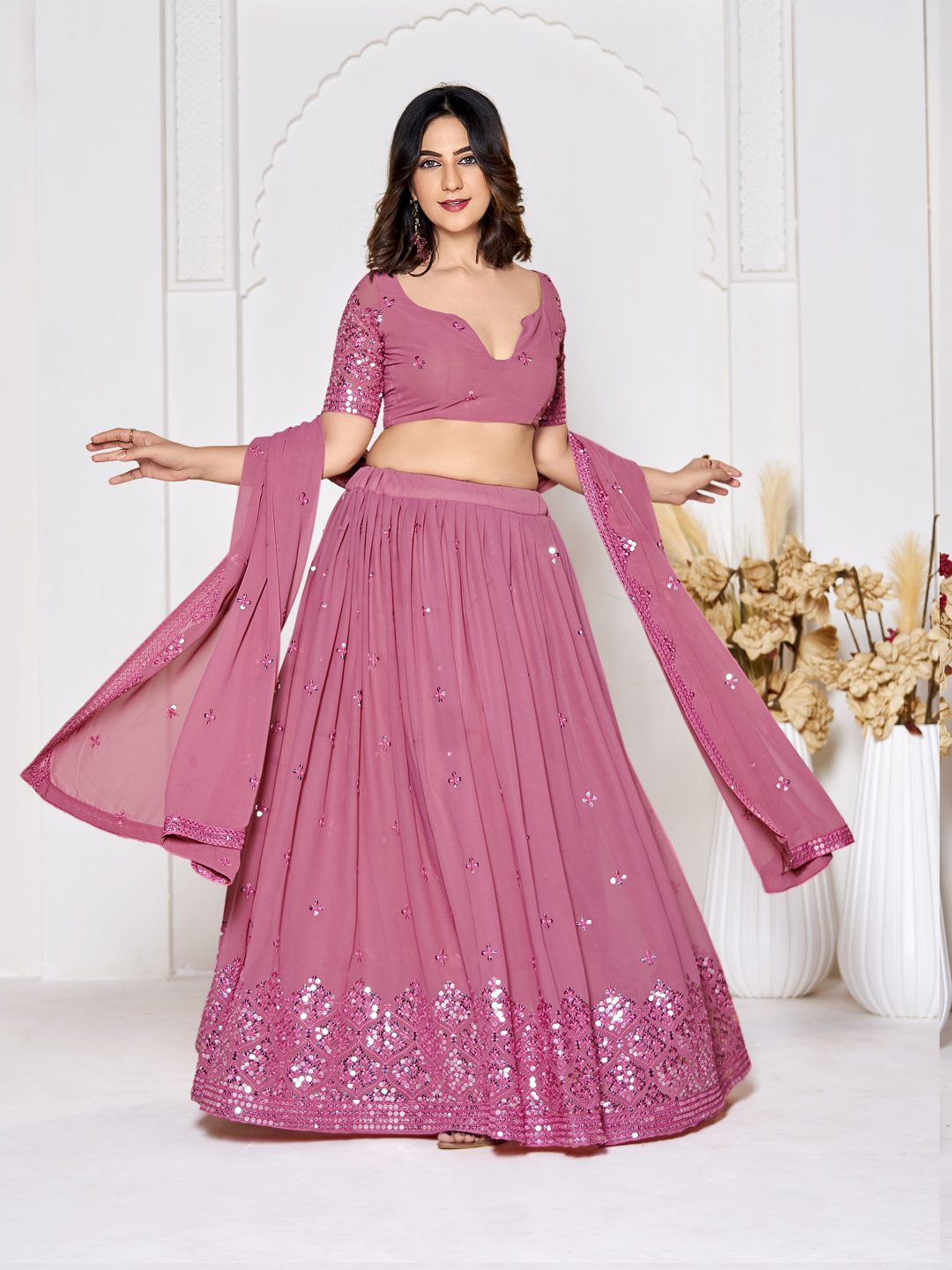 Blush Pink Sequin Embroidered Festive & Party Wear Semi-Stitched Georgette Lehenga Choli with Designer Dupatta Work