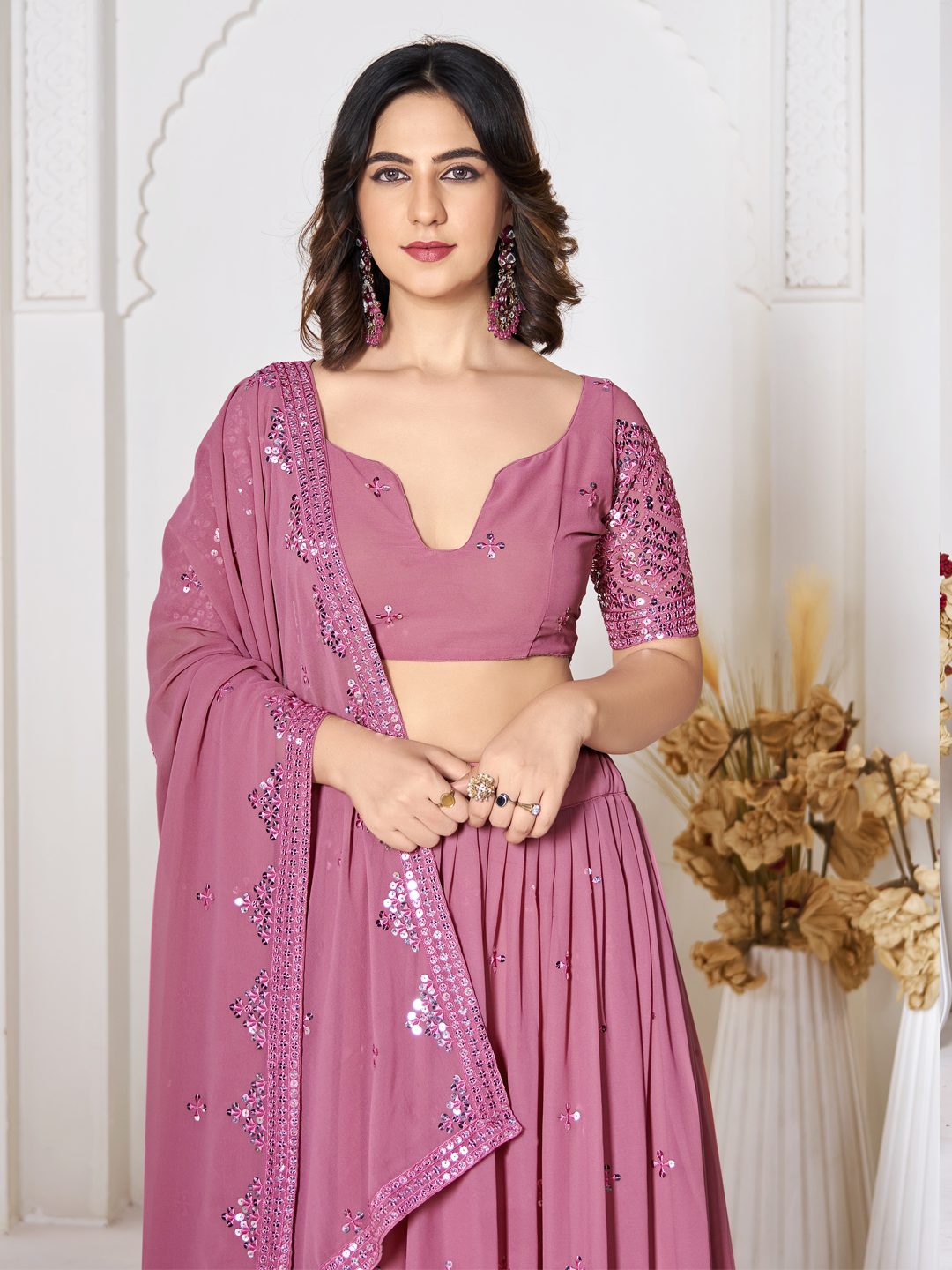 Blush Pink Sequin Embroidered Festive & Party Wear Semi-Stitched Georgette Lehenga Choli with Designer Dupatta Work