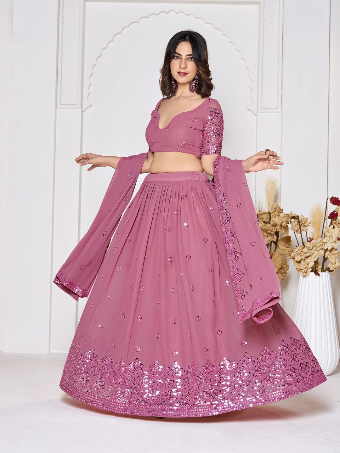 Blush Pink Sequin Embroidered Festive & Party Wear Semi-Stitched Georgette Lehenga Choli with Designer Dupatta Work
