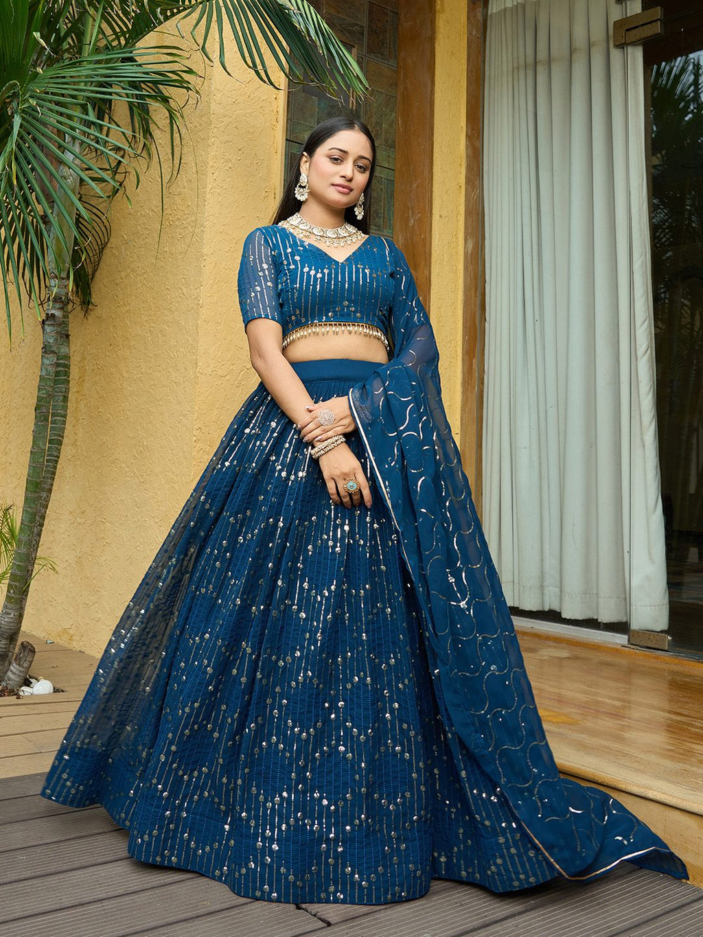 Royal Teal Blue Sequin Embellished Festive & Party Wear Semi-Stitched Georgette Lehenga Choli with Heavy Dupatta Work