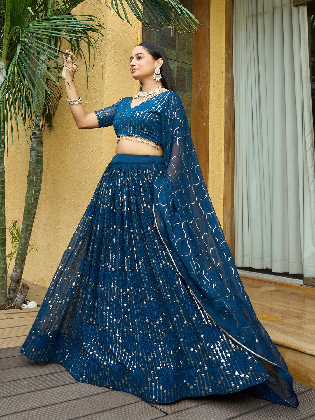 Royal Teal Blue Sequin Embellished Festive & Party Wear Semi-Stitched Georgette Lehenga Choli with Heavy Dupatta Work