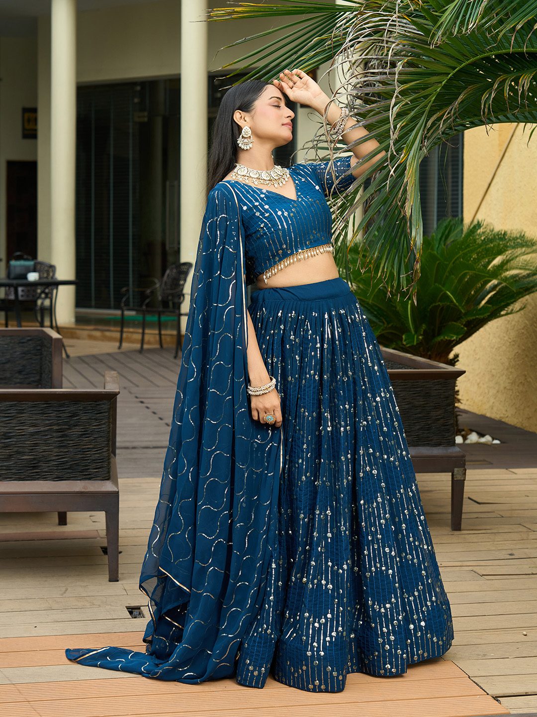 Royal Teal Blue Sequin Embellished Festive & Party Wear Semi-Stitched Georgette Lehenga Choli with Heavy Dupatta Work