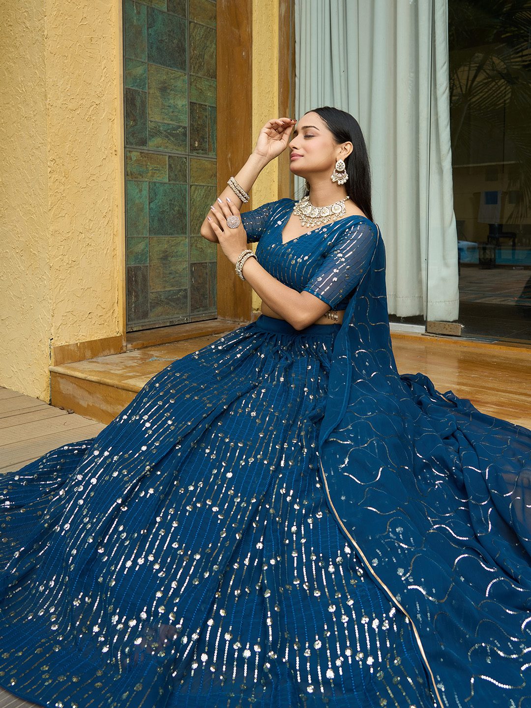 Royal Teal Blue Sequin Embellished Festive & Party Wear Semi-Stitched Georgette Lehenga Choli with Heavy Dupatta Work