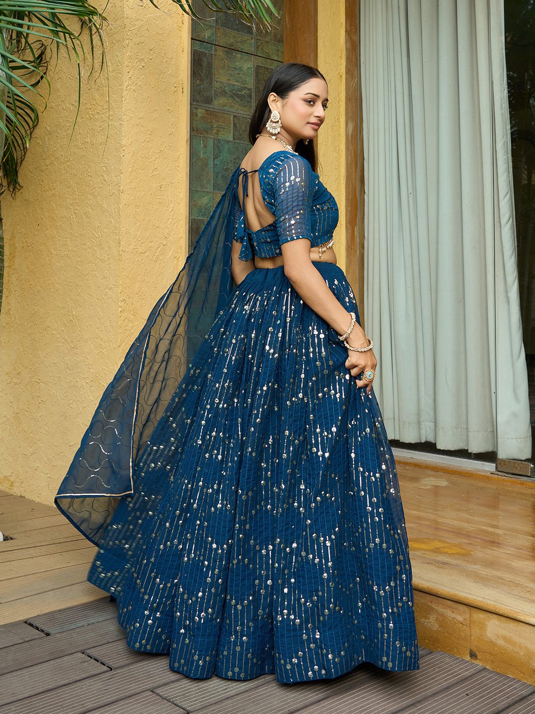 Royal Teal Blue Sequin Embellished Festive & Party Wear Semi-Stitched Georgette Lehenga Choli with Heavy Dupatta Work
