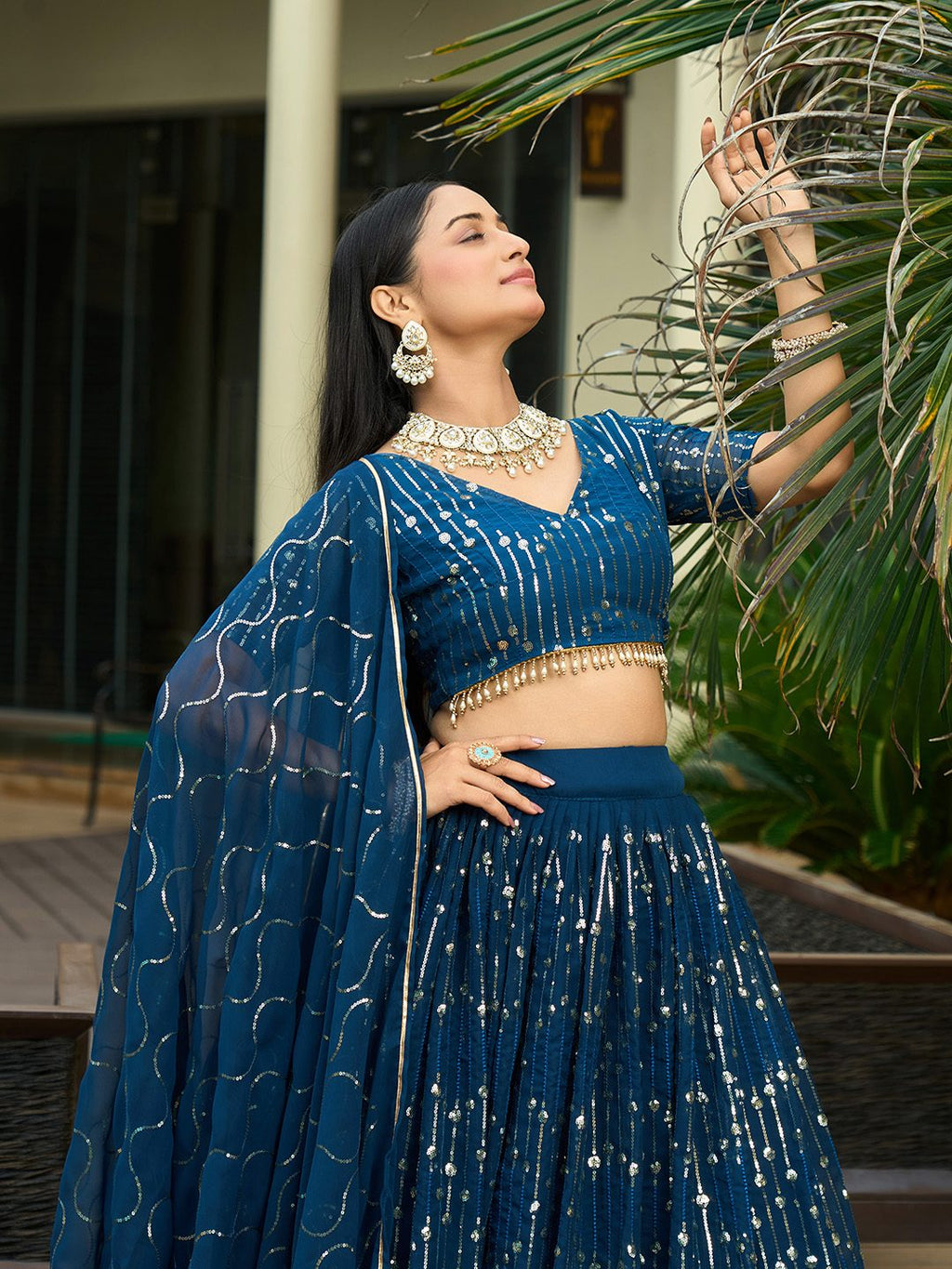 Royal Teal Blue Sequin Embellished Festive & Party Wear Semi-Stitched Georgette Lehenga Choli with Heavy Dupatta Work