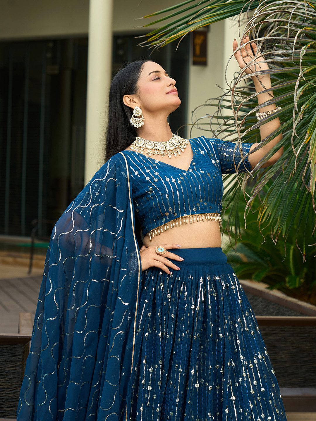 Royal Teal Blue Sequin Embellished Festive & Party Wear Semi-Stitched Georgette Lehenga Choli with Heavy Dupatta Work