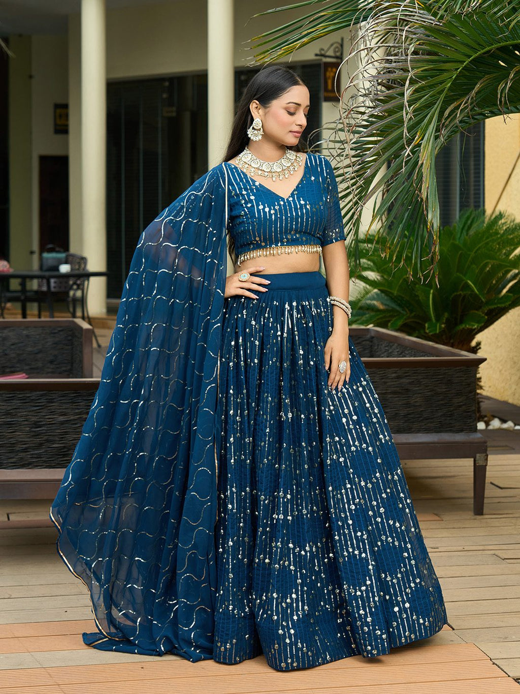 Royal Teal Blue Sequin Embellished Festive & Party Wear Semi-Stitched Georgette Lehenga Choli with Heavy Dupatta Work