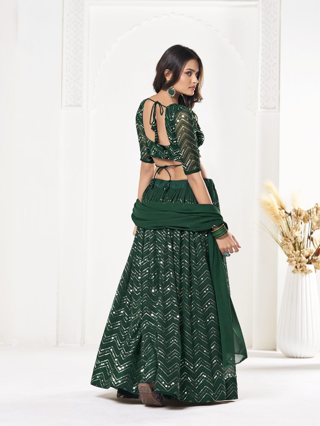 Emerald Green Sequin Embellished Festive & Party Wear Semi-Stitched Georgette Lehenga Choli with Designer Dupatta Work
