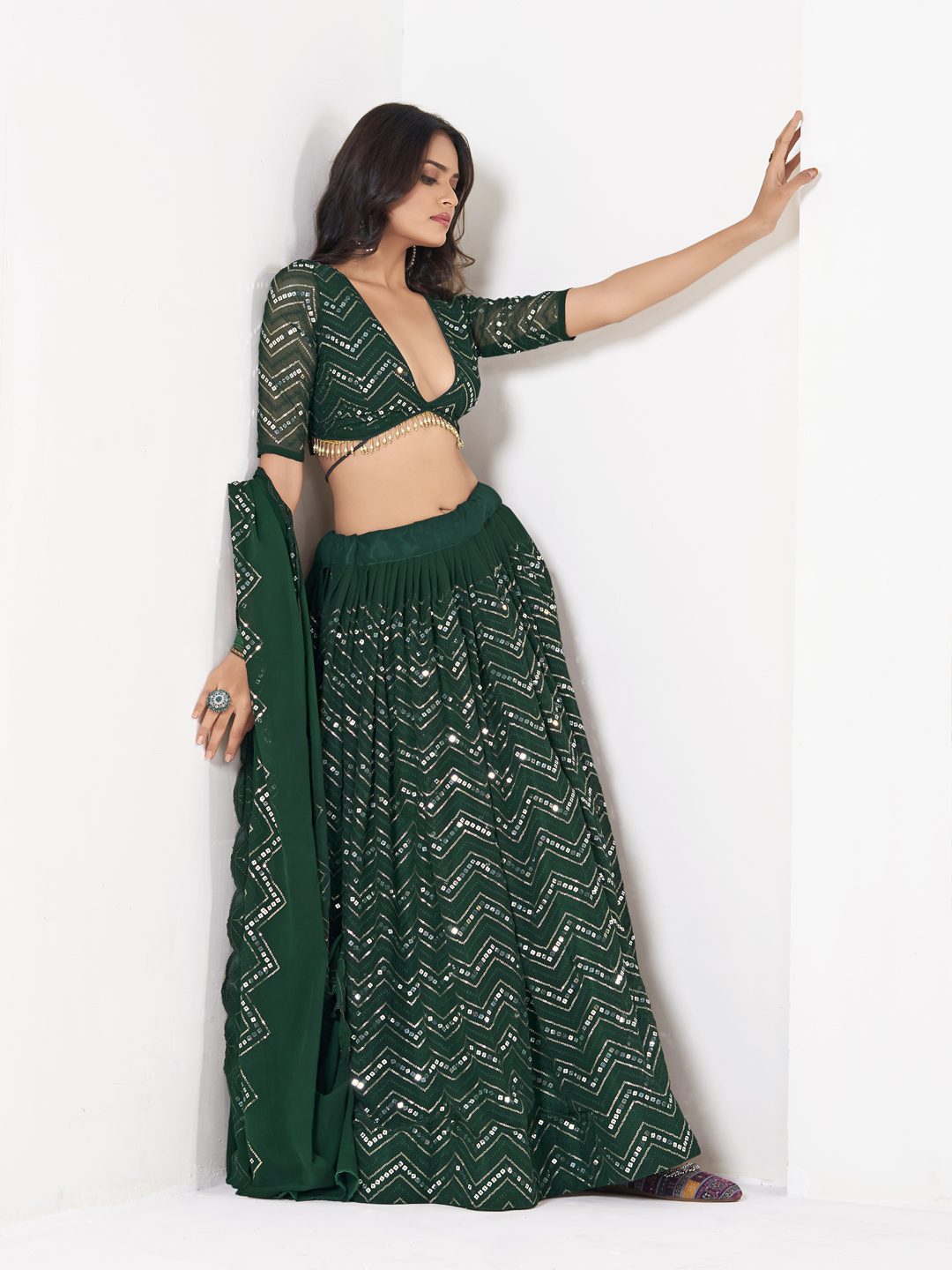 Emerald Green Sequin Embellished Festive & Party Wear Semi-Stitched Georgette Lehenga Choli with Designer Dupatta Work