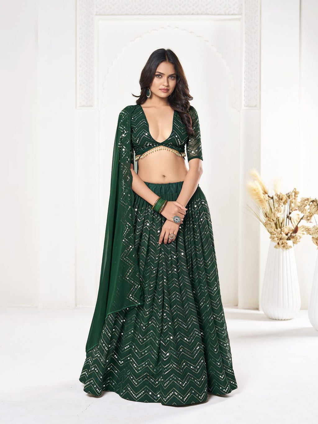 Emerald Green Sequin Embellished Festive & Party Wear Semi-Stitched Georgette Lehenga Choli with Designer Dupatta Work