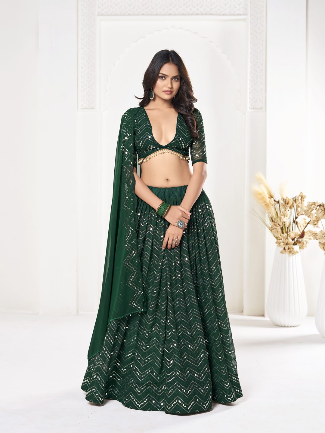Emerald Green Sequin Embellished Festive & Party Wear Semi-Stitched Georgette Lehenga Choli with Designer Dupatta Work