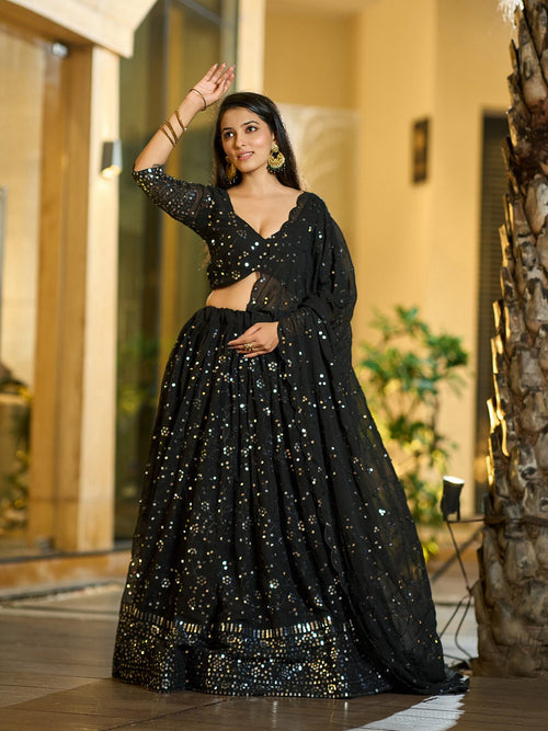 Classic Black Sequin Embellished Festive & Party Wear Semi-Stitched Georgette Lehenga Choli with Heavy Dupatta Work